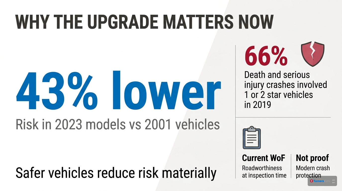 Independent safety evidence for upgrading Stat hero infographic showing 43 percent lower risk in 2023 vehicles versus 2001 models, plus 66 percent of serious crashes involving 1-star and 2-star vehicles
