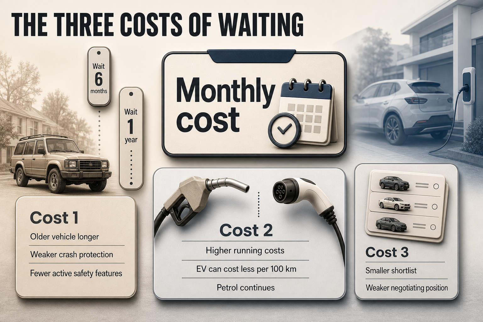 The Three Costs of Waiting Editorial card layout with three stacked cost panels for waiting, including safety, running costs and shortlist position