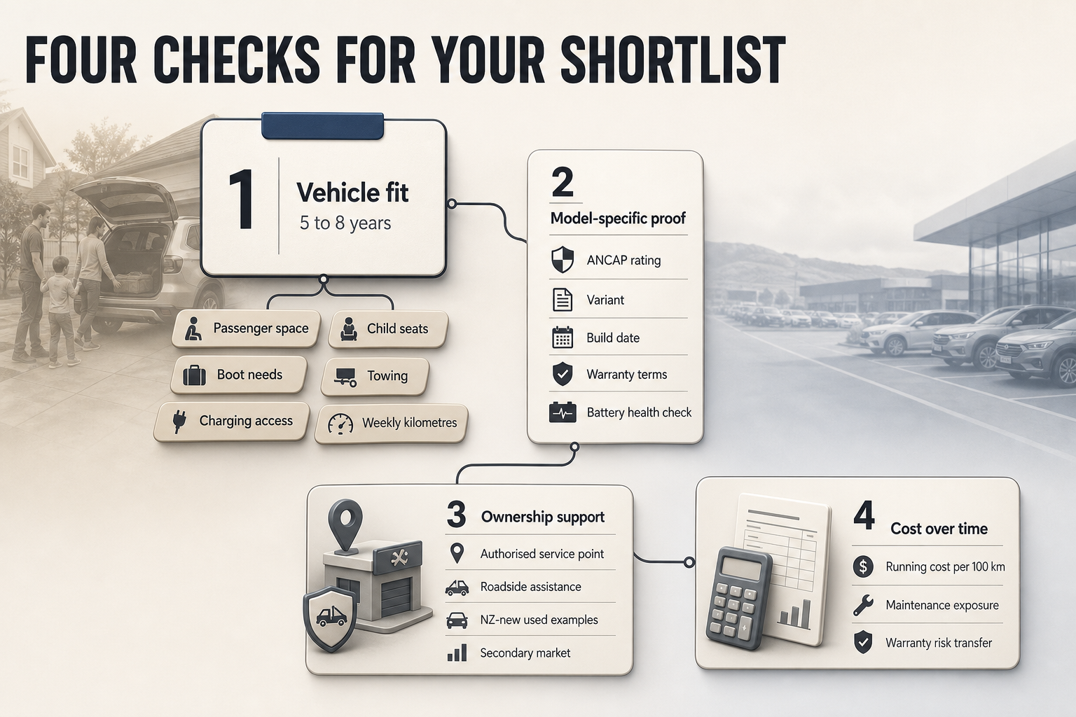 Four Checks for Your Shortlist Horizontal four-step process diagram with numbered nodes for fit, proof, support and cost over time