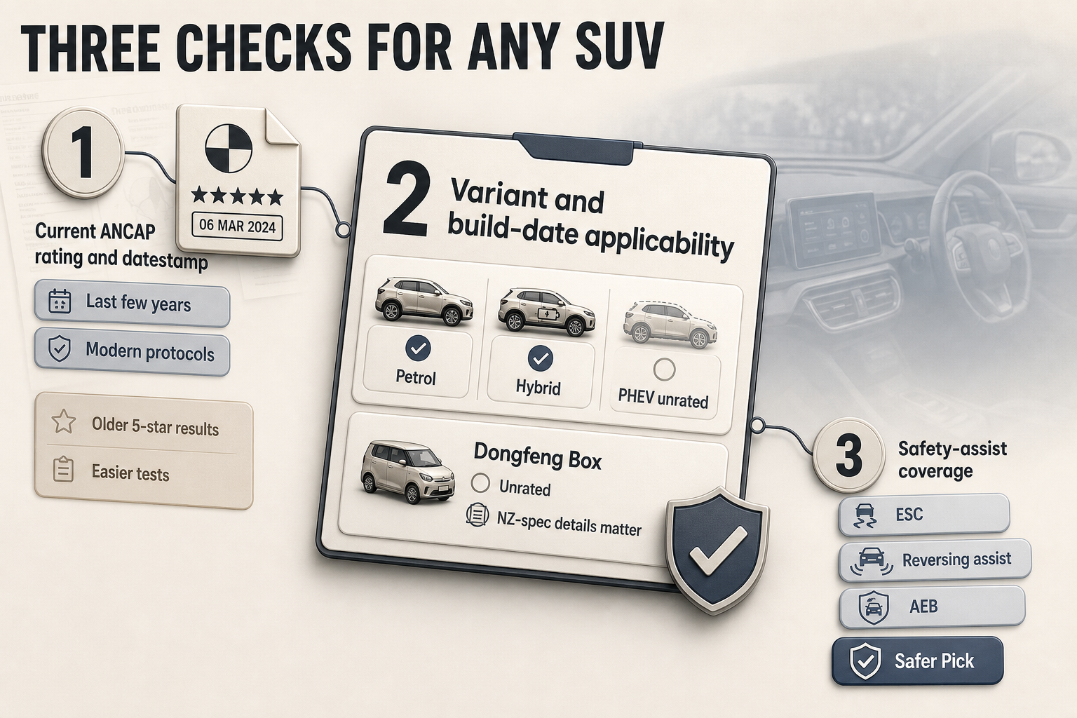 Three checks for any SUV Three-step flow diagram with numbered checks for ANCAP date, variant coverage, and safety-assist features