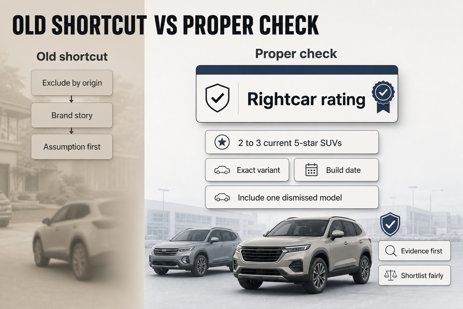 Old shortcut vs proper check Two-column comparison graphic showing an old shortcut on one side and an evidence-based SUV checking process on the other