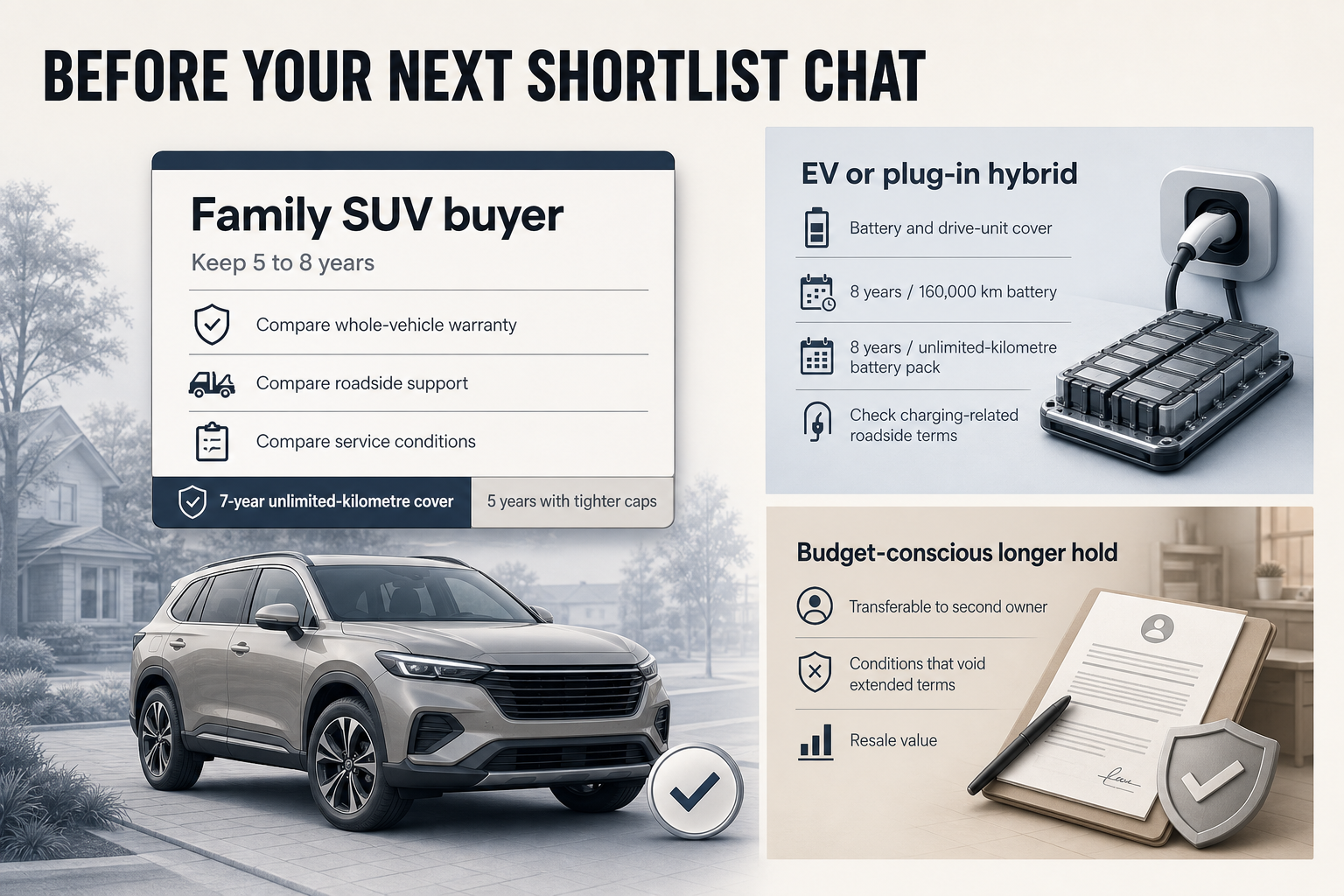Split-view buyer guide with three grouped panels for family SUV, EV or plug-in hybrid, and budget-conscious longer-hold buyers