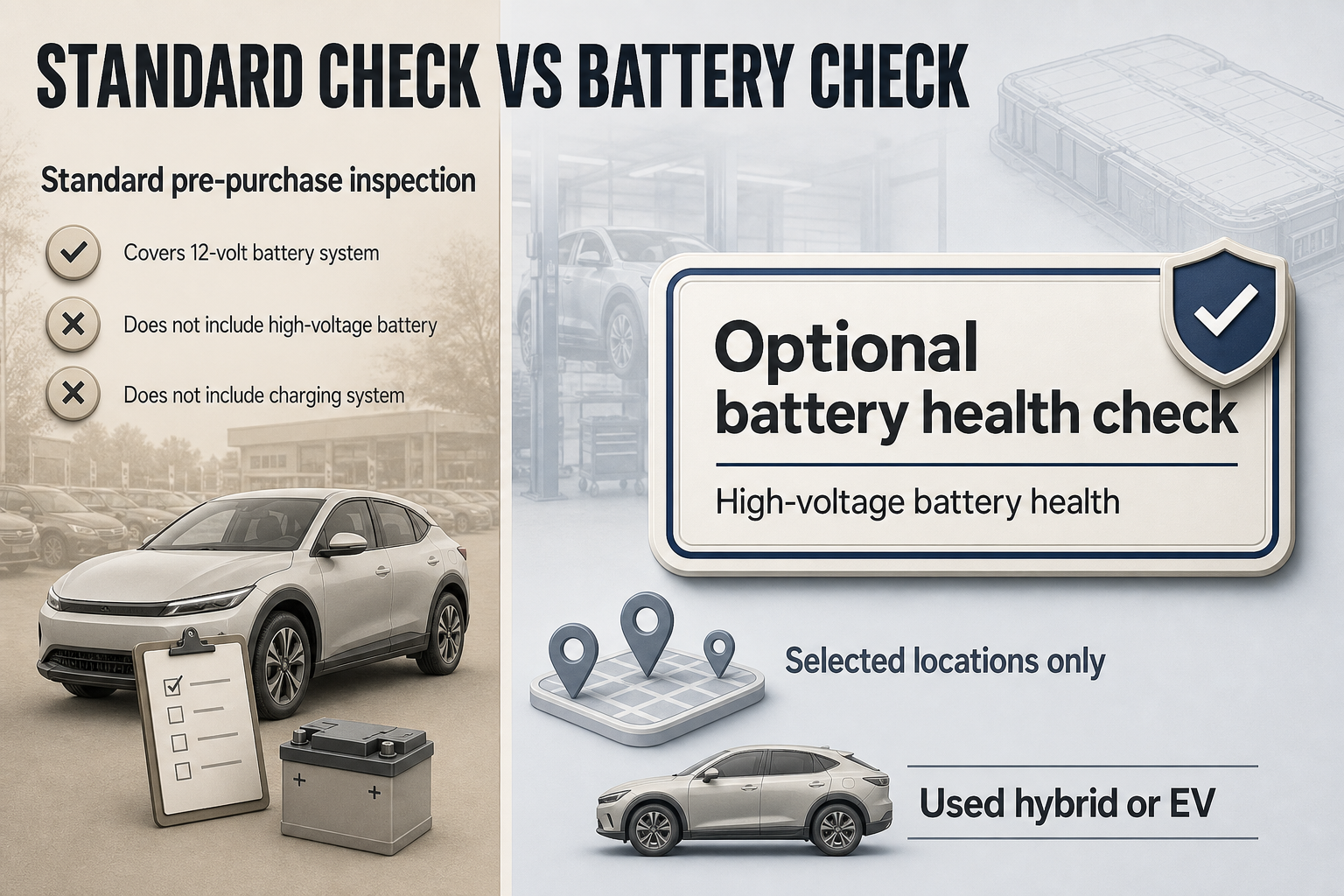 Split-view infographic with a standard inspection panel beside an optional battery check panel, using ticks and crosses for covered items