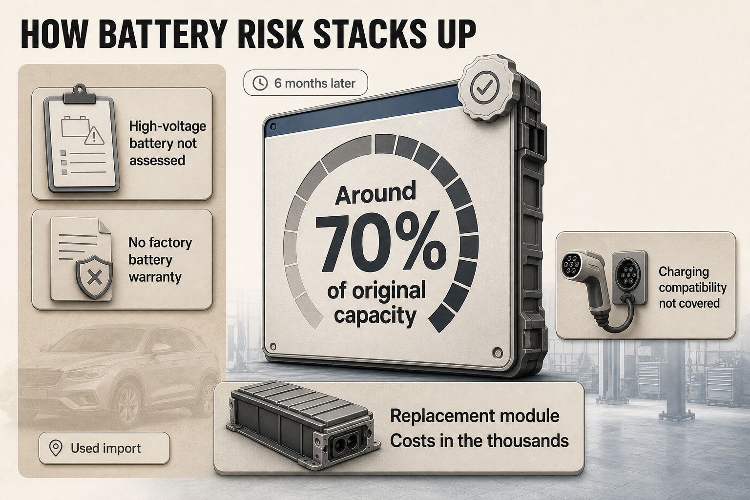 Editorial risk card showing a used import timeline with a 70% capacity marker and stacked callouts for warranty, inspection, and repair cost