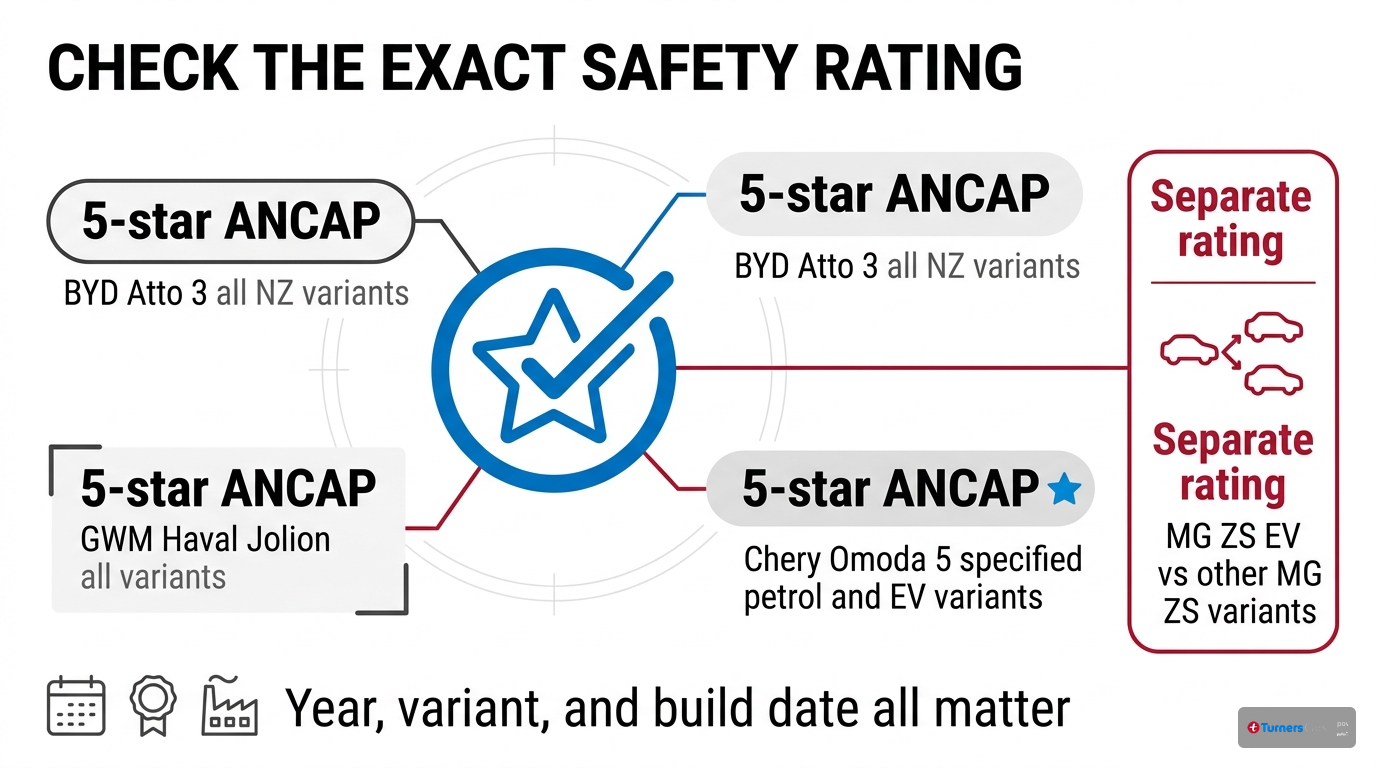 Infographic listing five-star ANCAP ratings for BYD Atto 3, GWM Haval Jolion, and selected Chery Omoda 5 variants, plus a note that MG ZS EV is rated separately from other MG ZS models.
