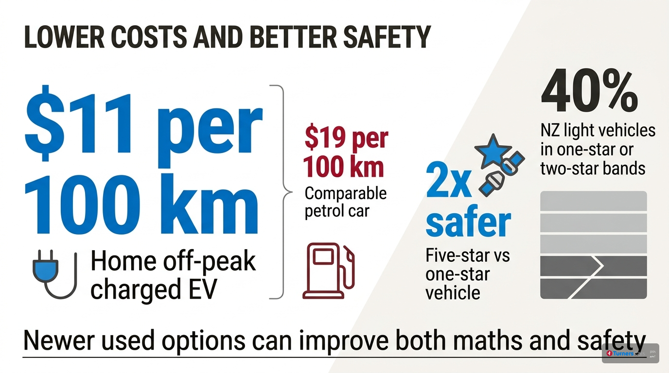 Infographic comparing EV running costs of 11 dollars per 100 kilometres with petrol at 19 dollars per 100 kilometres, alongside NZTA safety data showing five-star vehicles are twice as safe and 40 percent of NZ light vehicles remain in one-star or two-star bands.