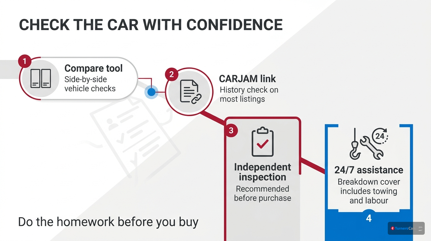 Data-cluster infographic showing buyer tools including compare function, CARJAM history links, independent inspections, and 24-7 breakdown assistance.