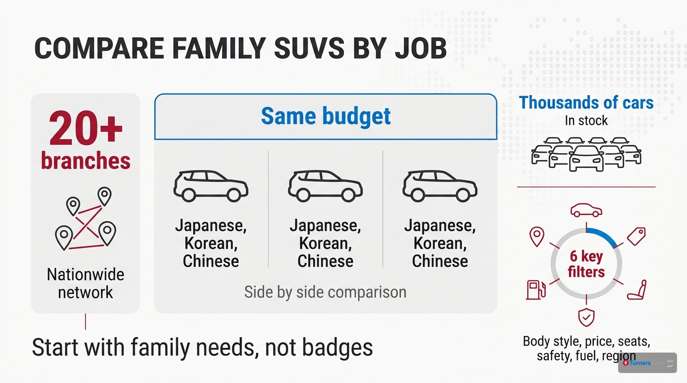 Turners family SUV comparison infographic Infographic showing Turners nationwide scale, thousands of cars in stock, six practical search filters, and cross-brand SUV comparison options.