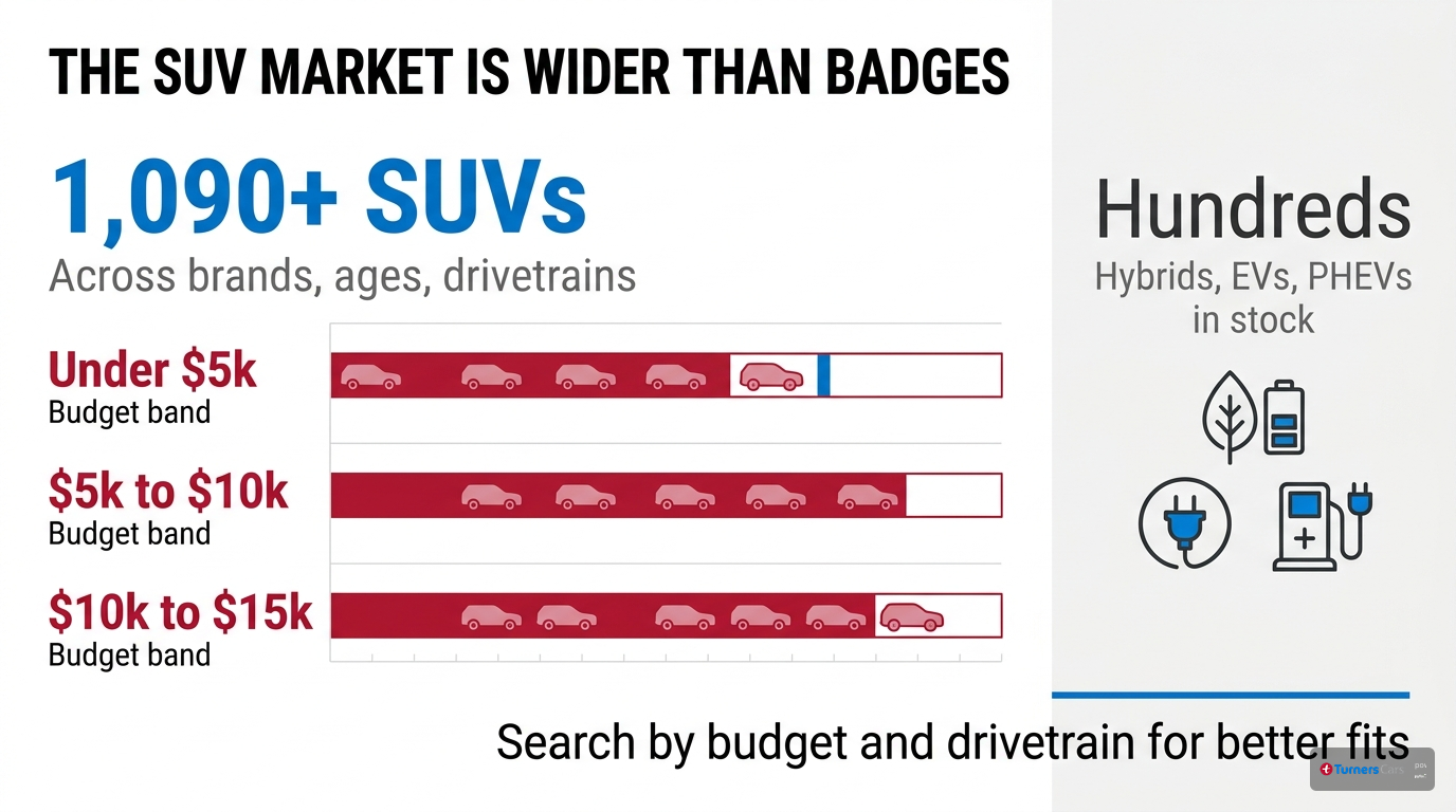 SUV stock and budget band comparison Comparison infographic showing more than 1,090 SUVs in stock, budget band filters, and hundreds of electrified vehicles available through Turners.
