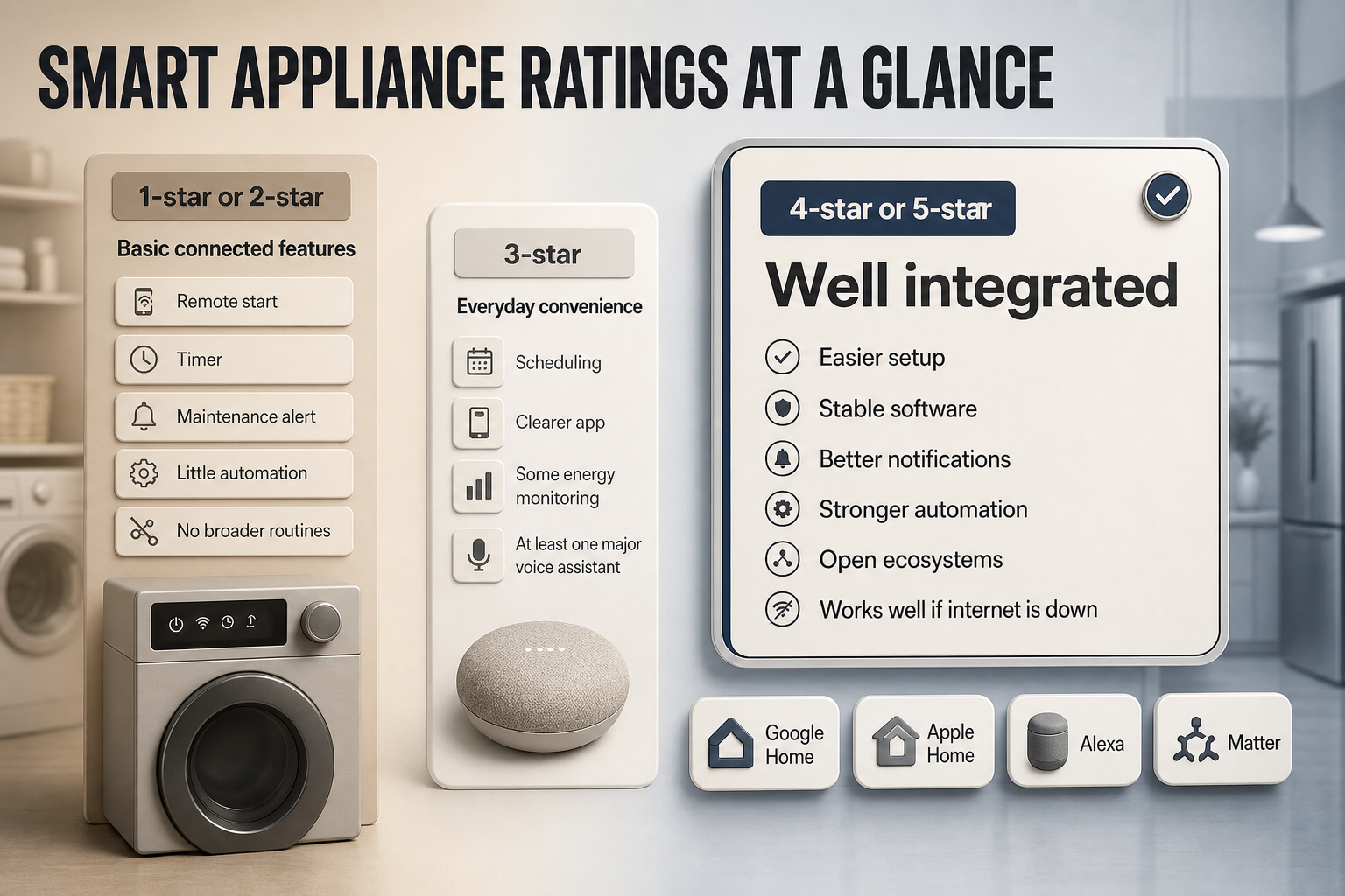Smart appliance rating tiers Three comparison columns showing 1-star or 2-star, 3-star, and 4-star or 5-star appliance features with short labels and platform names