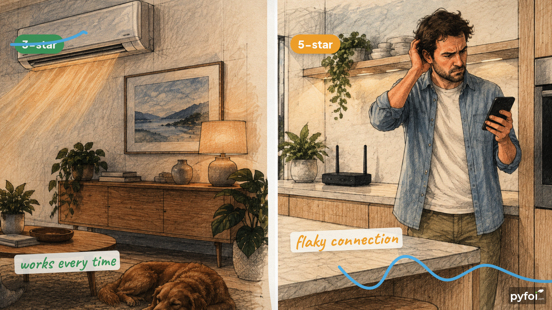 A split scene comparing a warm living room with a heat pump labeled 3-star and works every time against a man puzzled by his phone labeled 5-star and flaky connection.