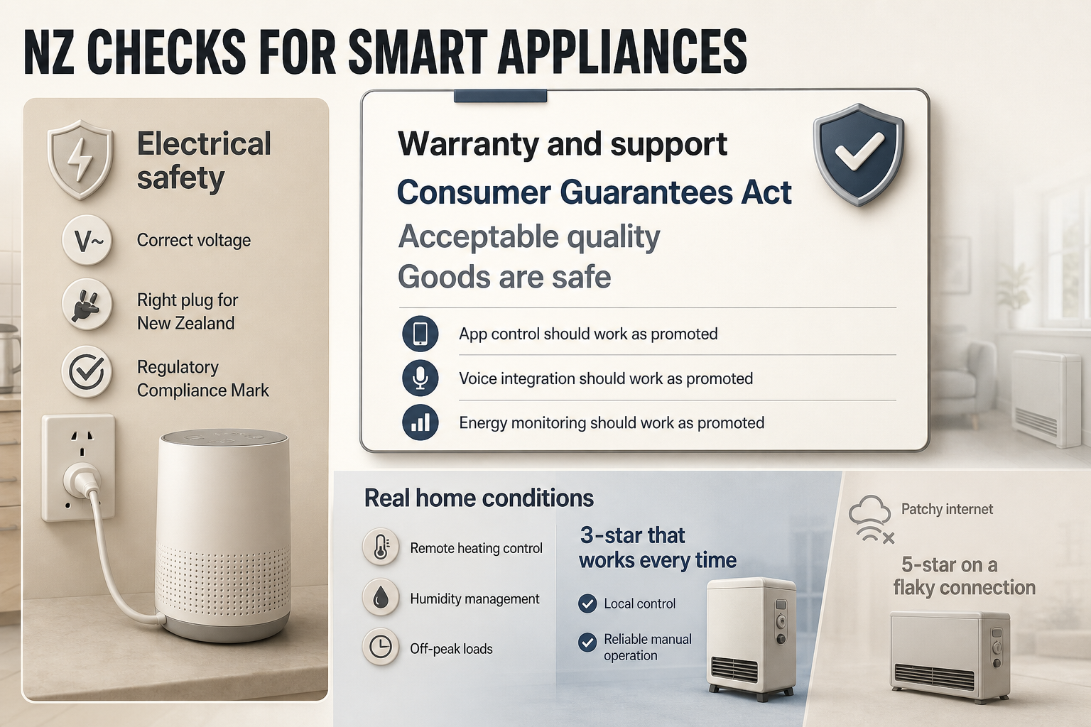 NZ smart appliance essentials Grid of labelled info cards covering electrical safety, warranty and support, and real home conditions for smart appliances in New Zealand