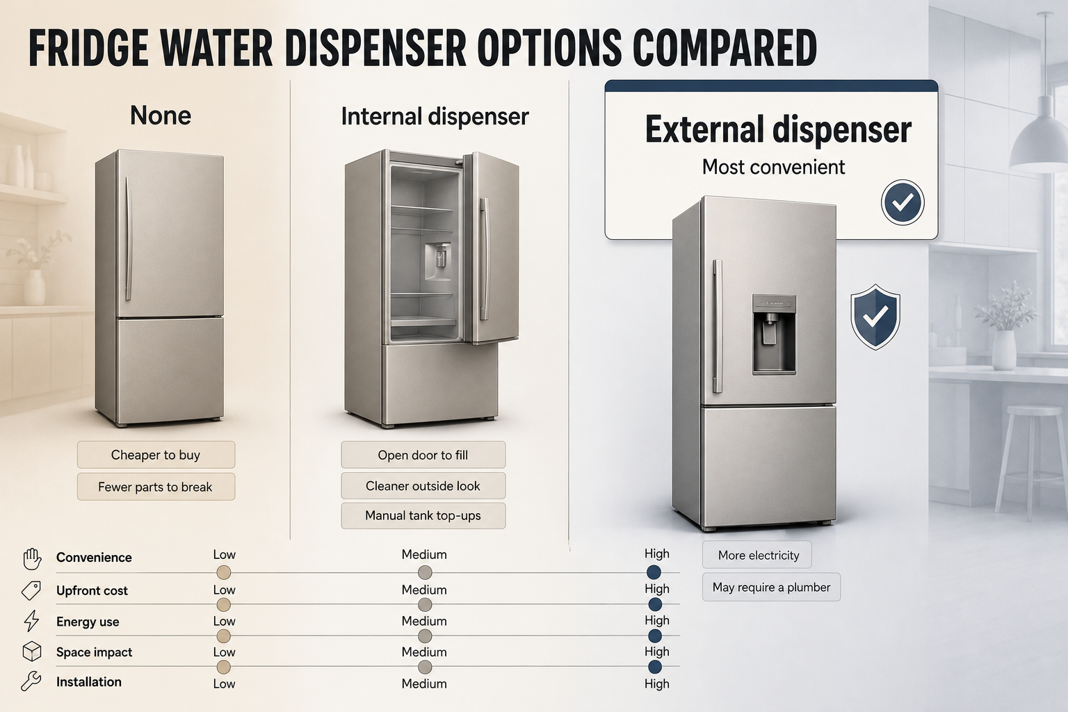 Fridge dispenser options compared Three-column comparison infographic showing none, internal dispenser, and external dispenser with icons, rating rows, and feature labels.