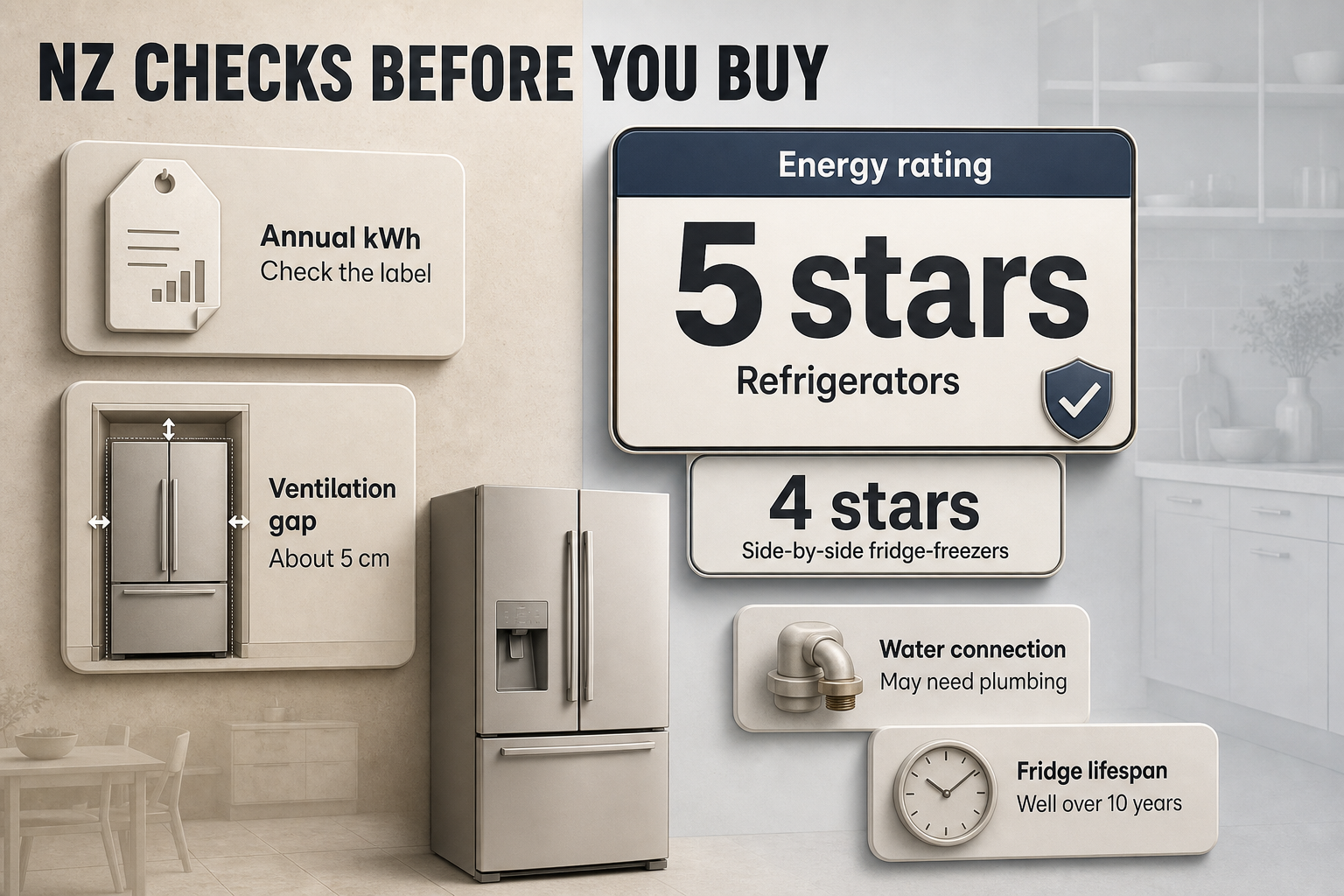 NZ fridge buying checks Badge-style infographic with five callout panels for star ratings, annual kWh, ventilation gap, plumbing, and fridge lifespan.