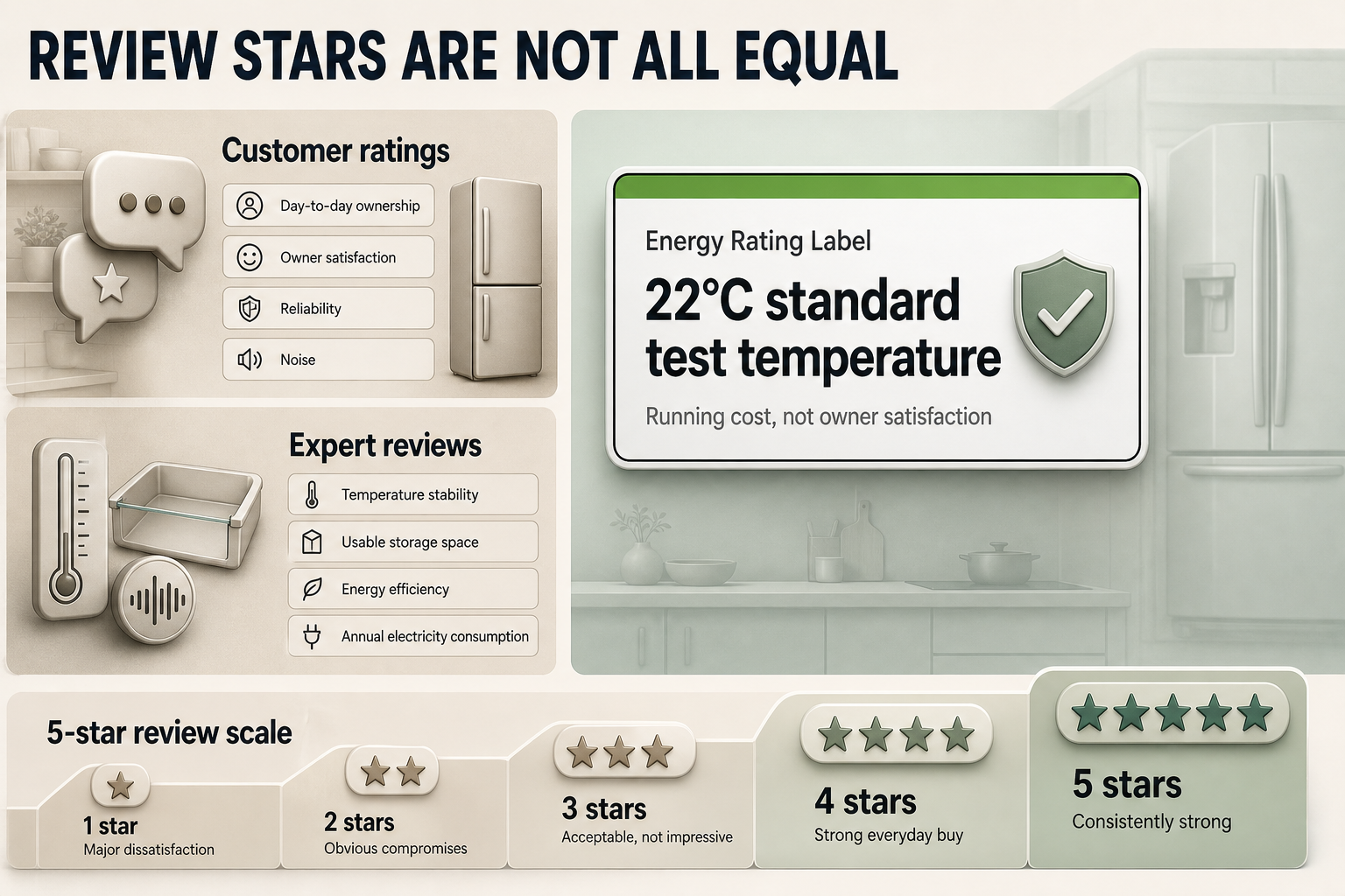 Fridge rating types compared Three-column infographic showing customer ratings, expert reviews and Energy Rating Label, with a 1 to 5 star scale and a 22°C note