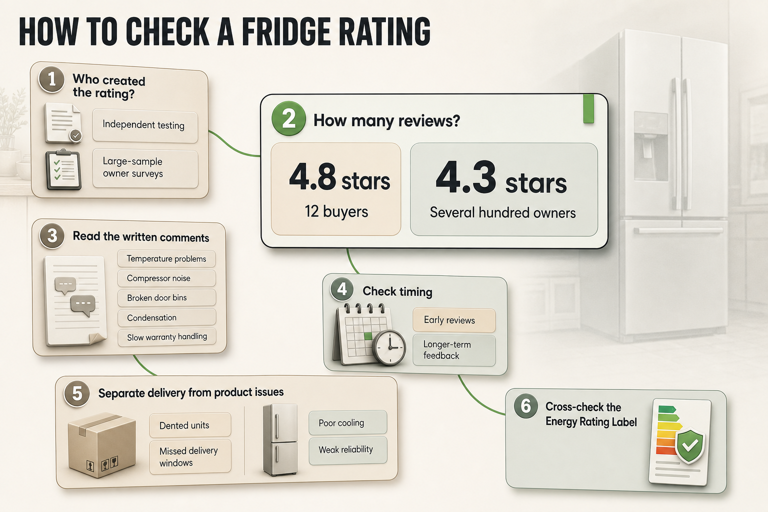 Check ratings the right way Six-step flowchart with numbered nodes showing how to assess a fridge rating, including review count examples and written comment checks