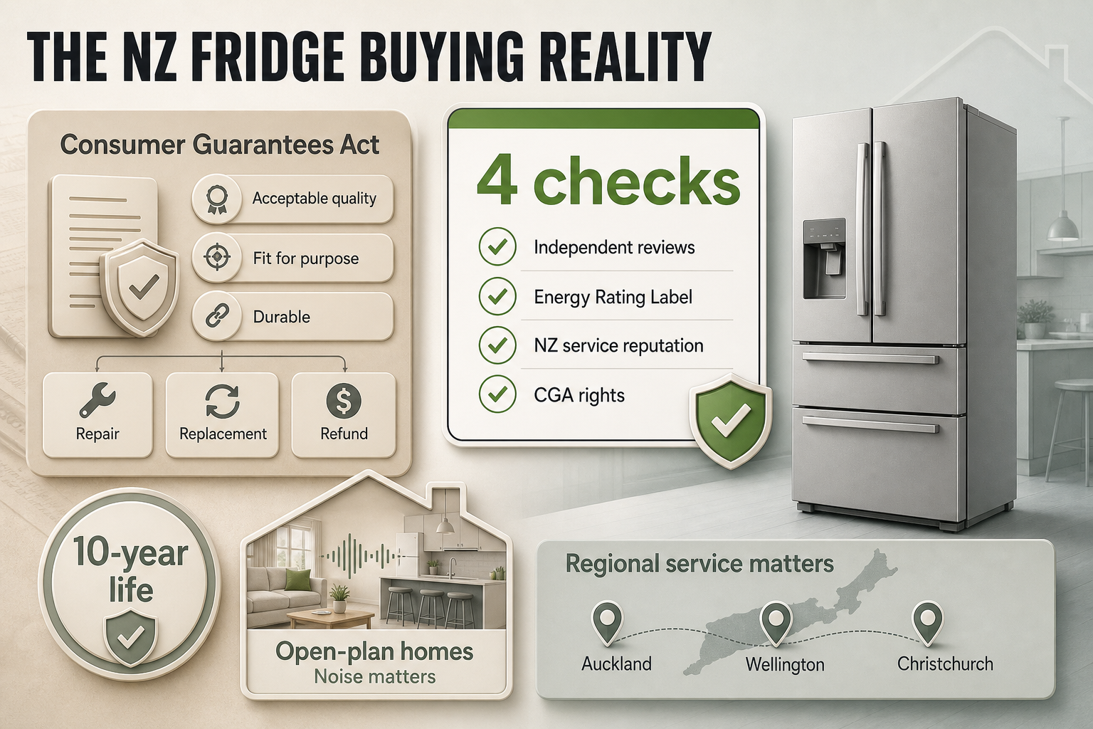 NZ fridge buying checks Badge-style infographic with four NZ buying checks, CGA rights icons, three city labels, a 10-year badge and a home noise callout