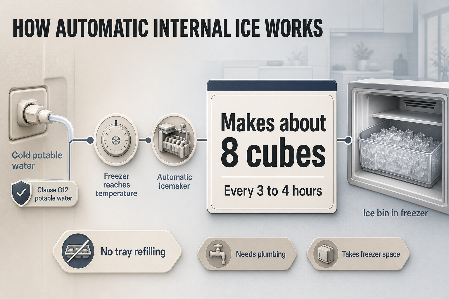 Automatic internal ice flow Linear flow infographic showing cold water supply feeding an internal icemaker, cube output timing, and an ice bin inside a freezer.