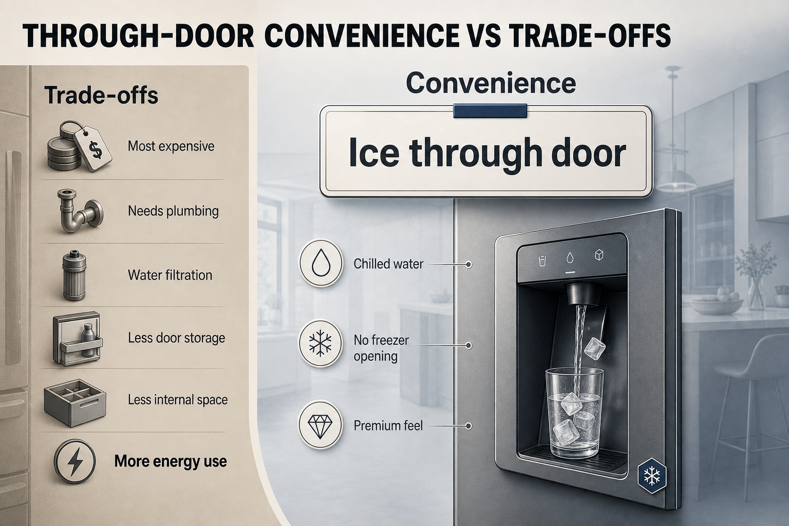 Through-door ice trade-offs Two-column comparison infographic with a fridge door dispenser on one side and cost, plumbing, space, and energy trade-offs on the other.
