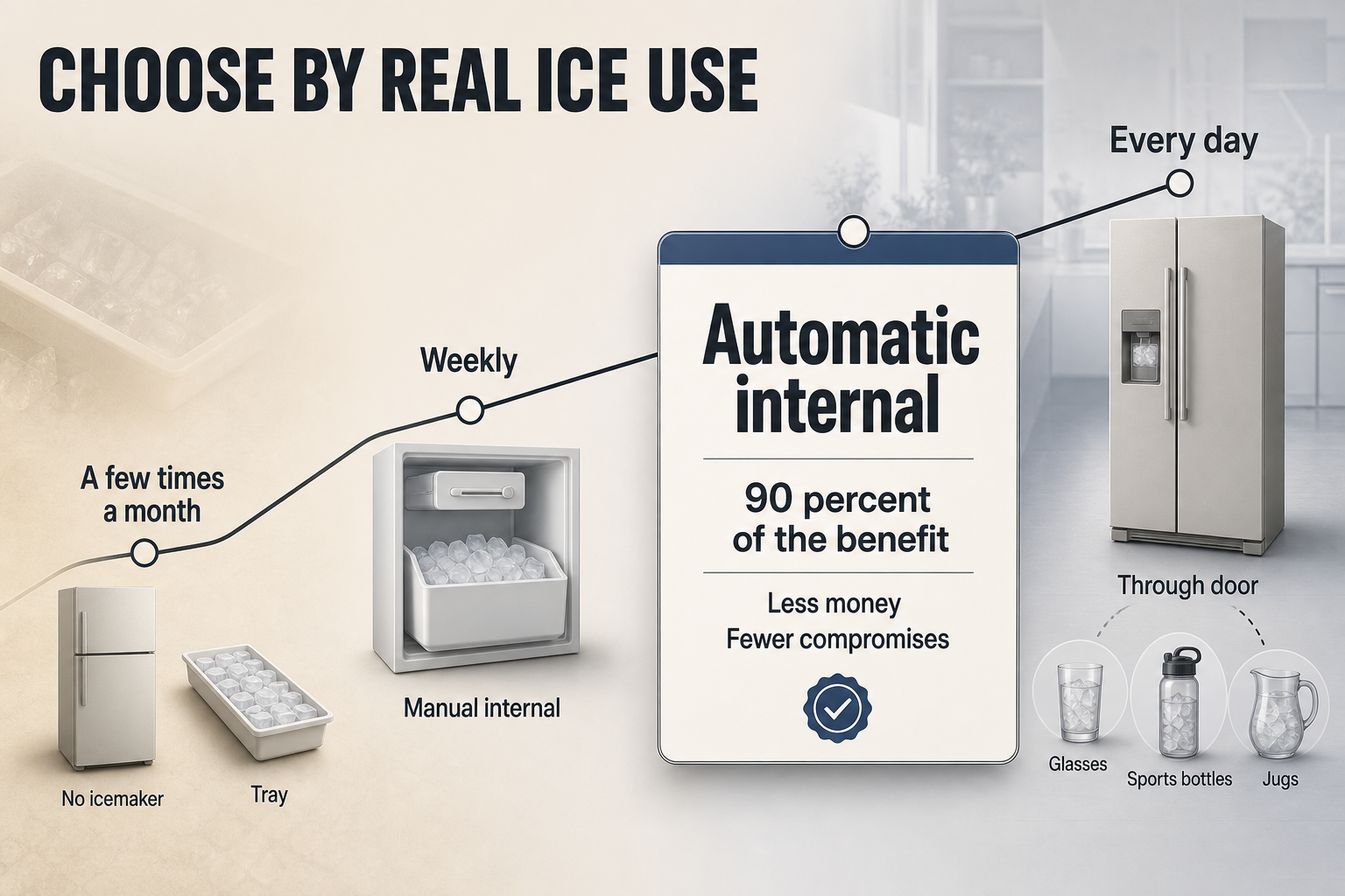 Choose by ice frequency Decision-style infographic mapping ice use frequency from occasional to daily against no icemaker, tray, manual internal, automatic internal, and through-door.