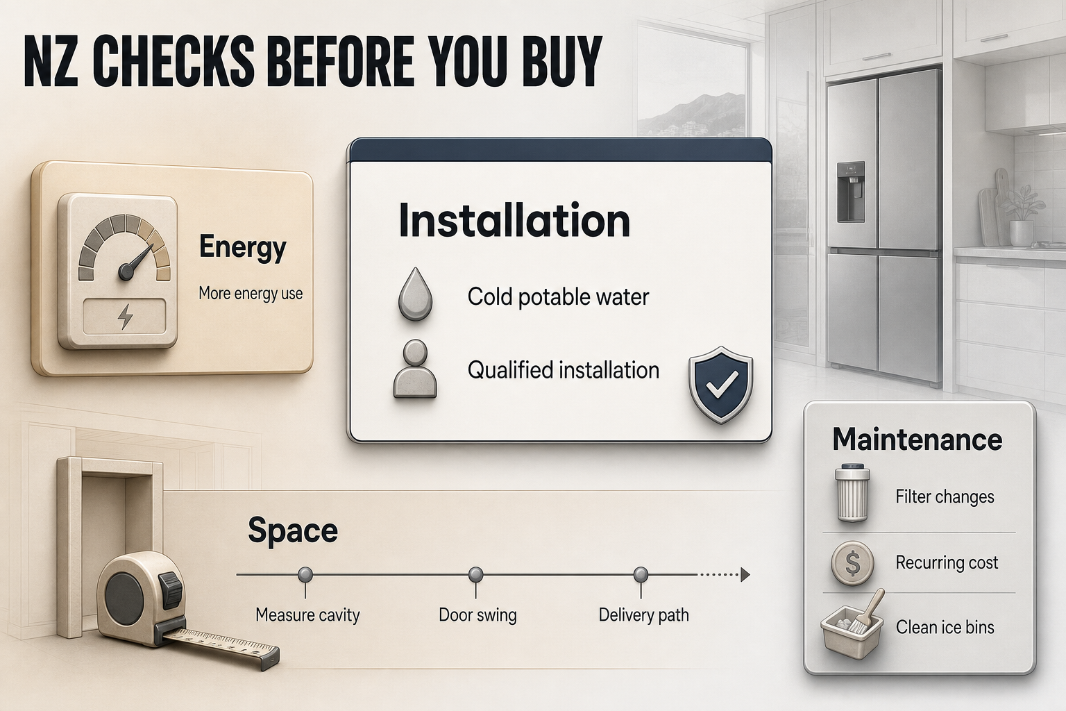 NZ fridge ice checklist Four-card checklist infographic covering installation, energy, space, and maintenance for plumbed fridge icemakers in New Zealand homes.