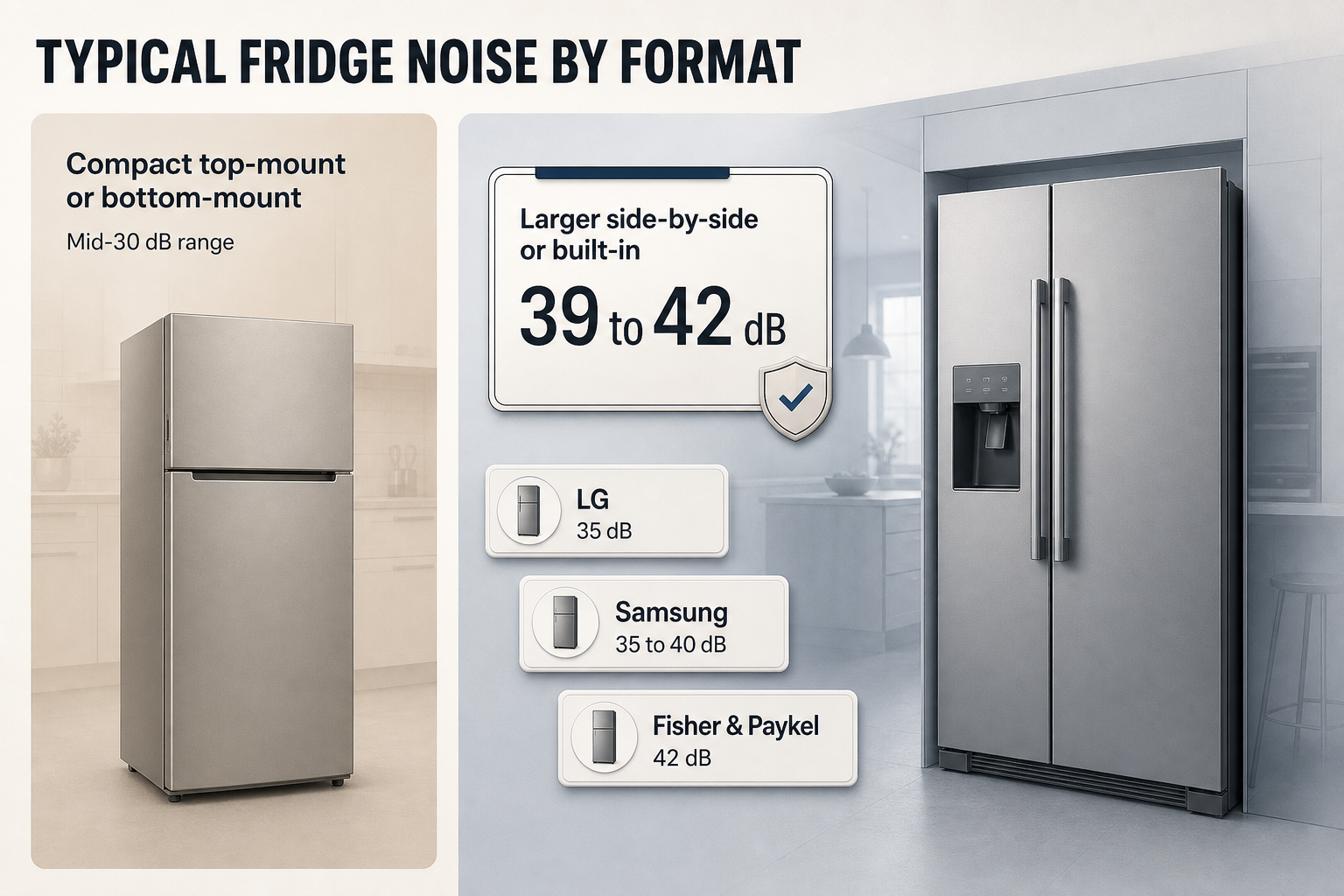 Fridge Noise Bands Explained Horizontal bar infographic with four fridge noise bands, a highlighted 33 dBA average marker, and labelled decibel ranges on a clean scale.