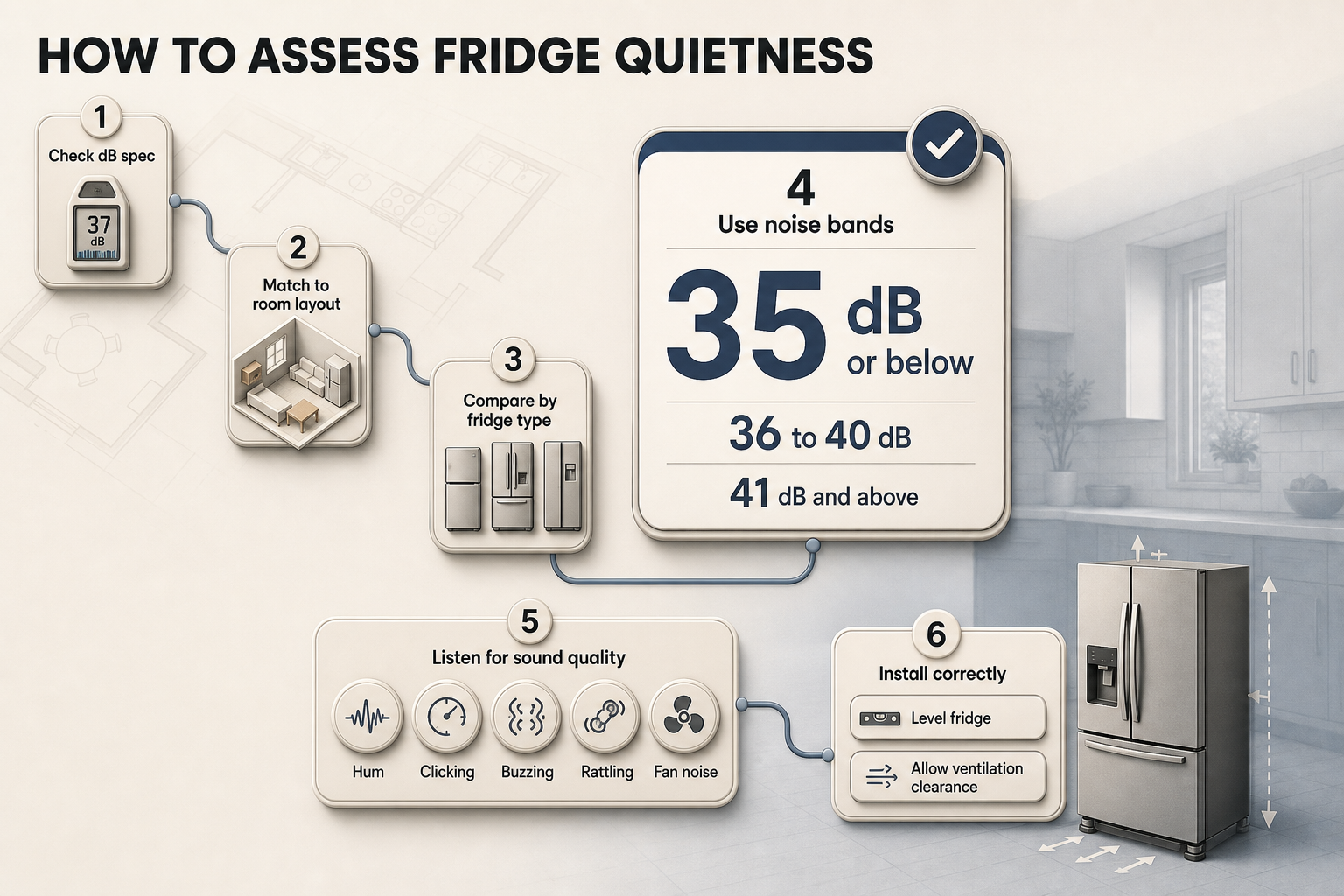 How To Check Fridge Quietness Six-step flow diagram with numbered nodes covering dB checks, room layout, fridge type, noise bands, sound quality, and installation.
