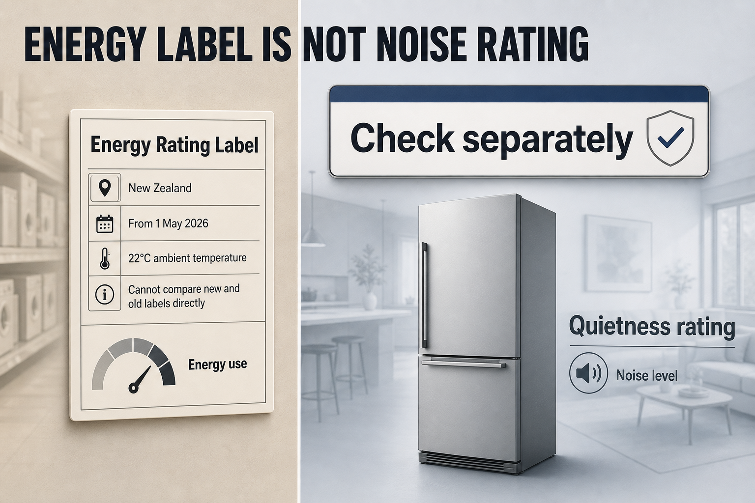 Energy Label Versus Noise Rating Split-view infographic with an energy label panel on one side and a quietness rating panel on the other, separated by a clear divider.