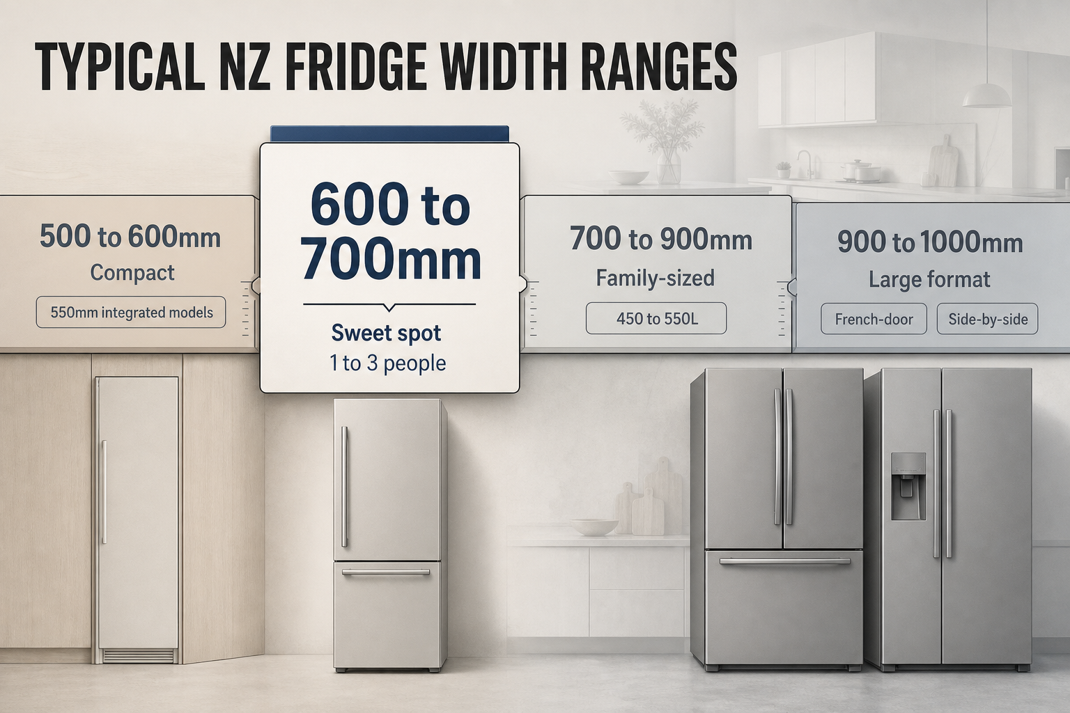 Typical New Zealand Fridge Widths Horizontal range chart with four fridge width bands from 500 to 1000mm, each labelled with common use cases and example format notes