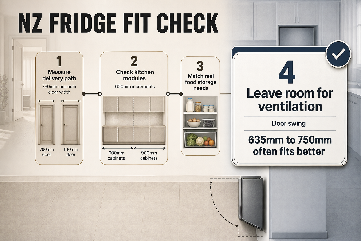 New Zealand Fridge Fit Steps Four-step flow diagram with doorway widths, cabinet module sizes, and final fit checks for choosing a fridge in New Zealand homes