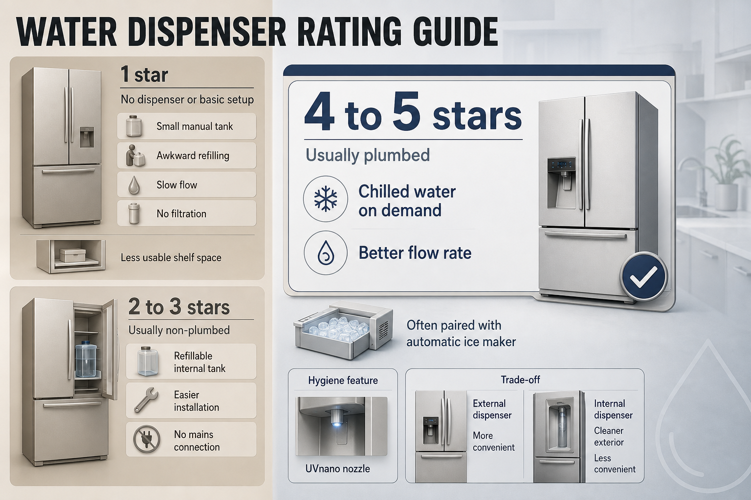 Water dispenser rating guide Three-column comparison infographic with star bands, feature labels, and a small trade-off panel for external versus internal fridge dispensers.