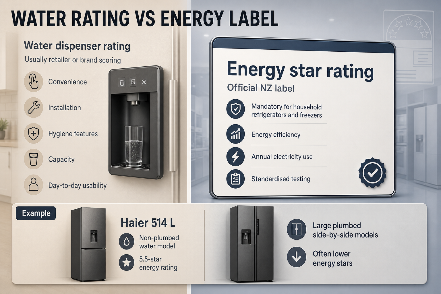 Fridge water dispenser checklist Six-step flowchart infographic with numbered checkpoints covering plumbing type, dispenser position, filters, clearance, capacity, and energy label.