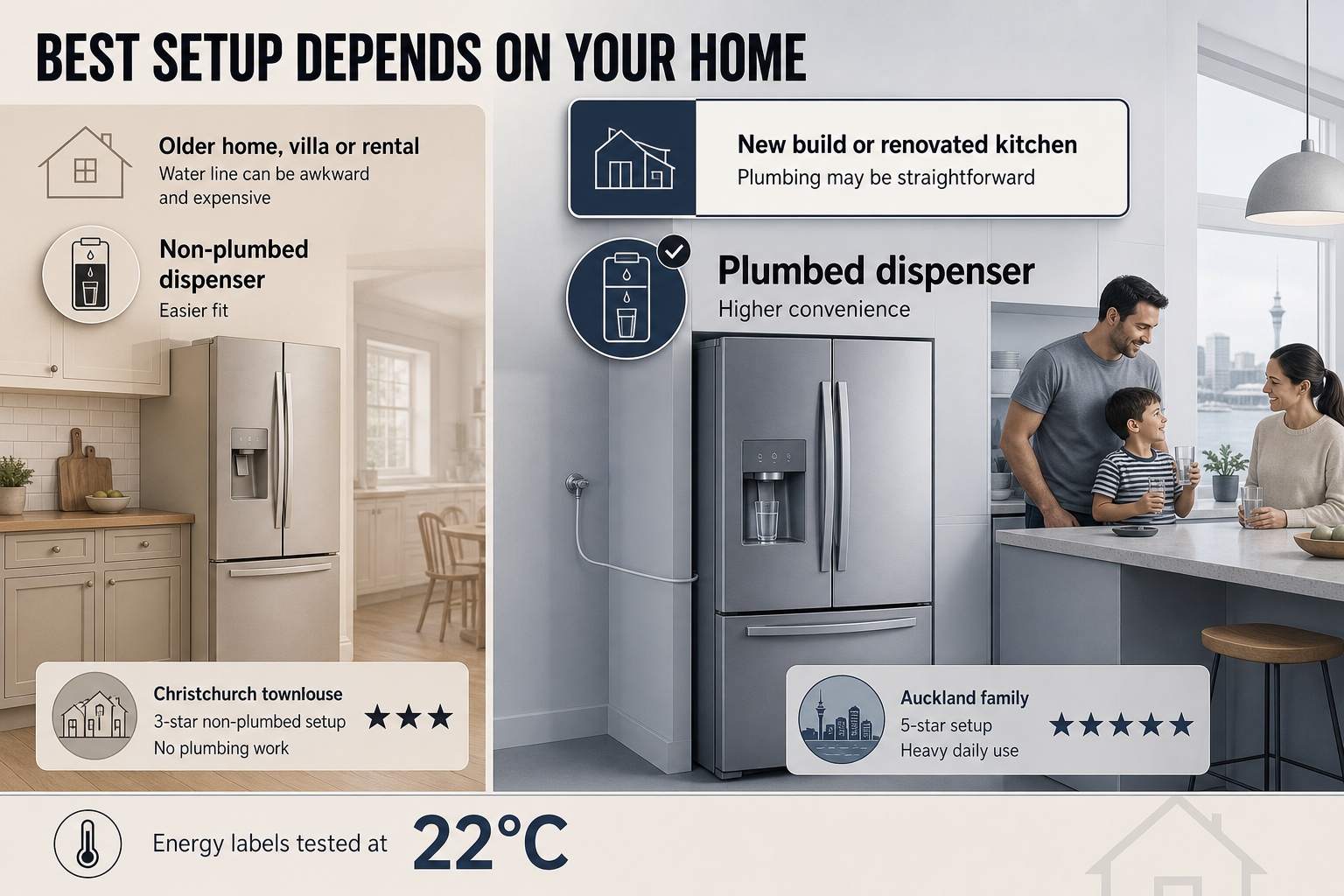 Best setup depends on your home Split-view infographic showing two home scenarios, one for a plumbed kitchen setup and one for a non-plumbed rental or older home.