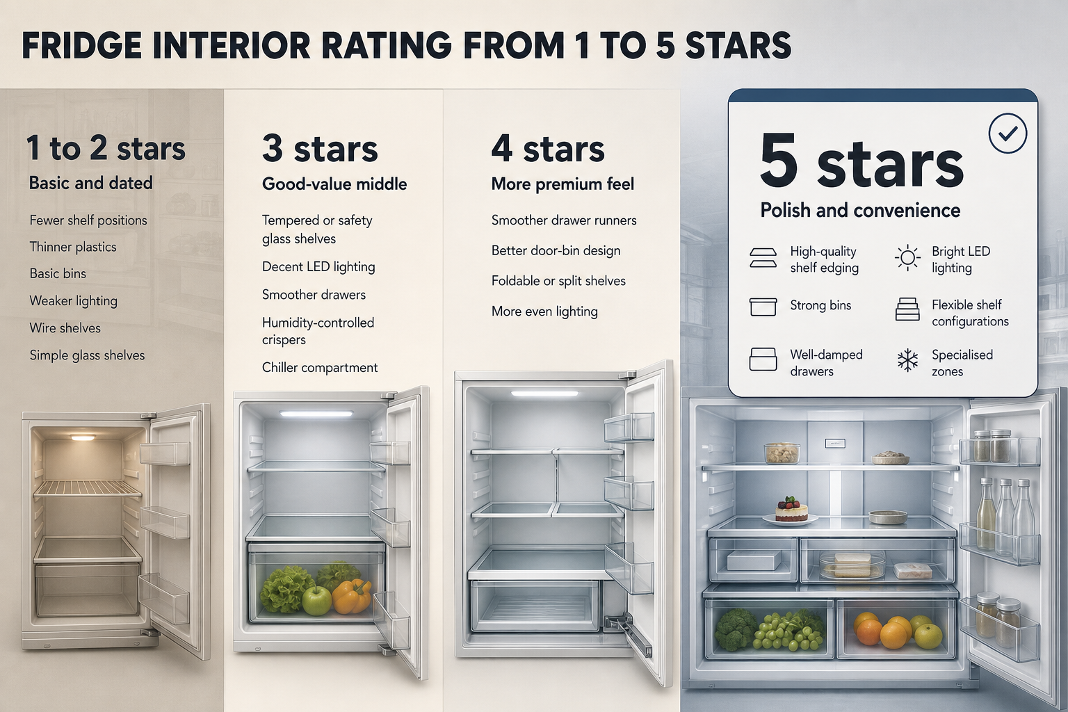 Fridge interior rating guide Four-column infographic showing fridge interior features across 1 to 2 star, 3 star, 4 star, and 5 star finish ratings