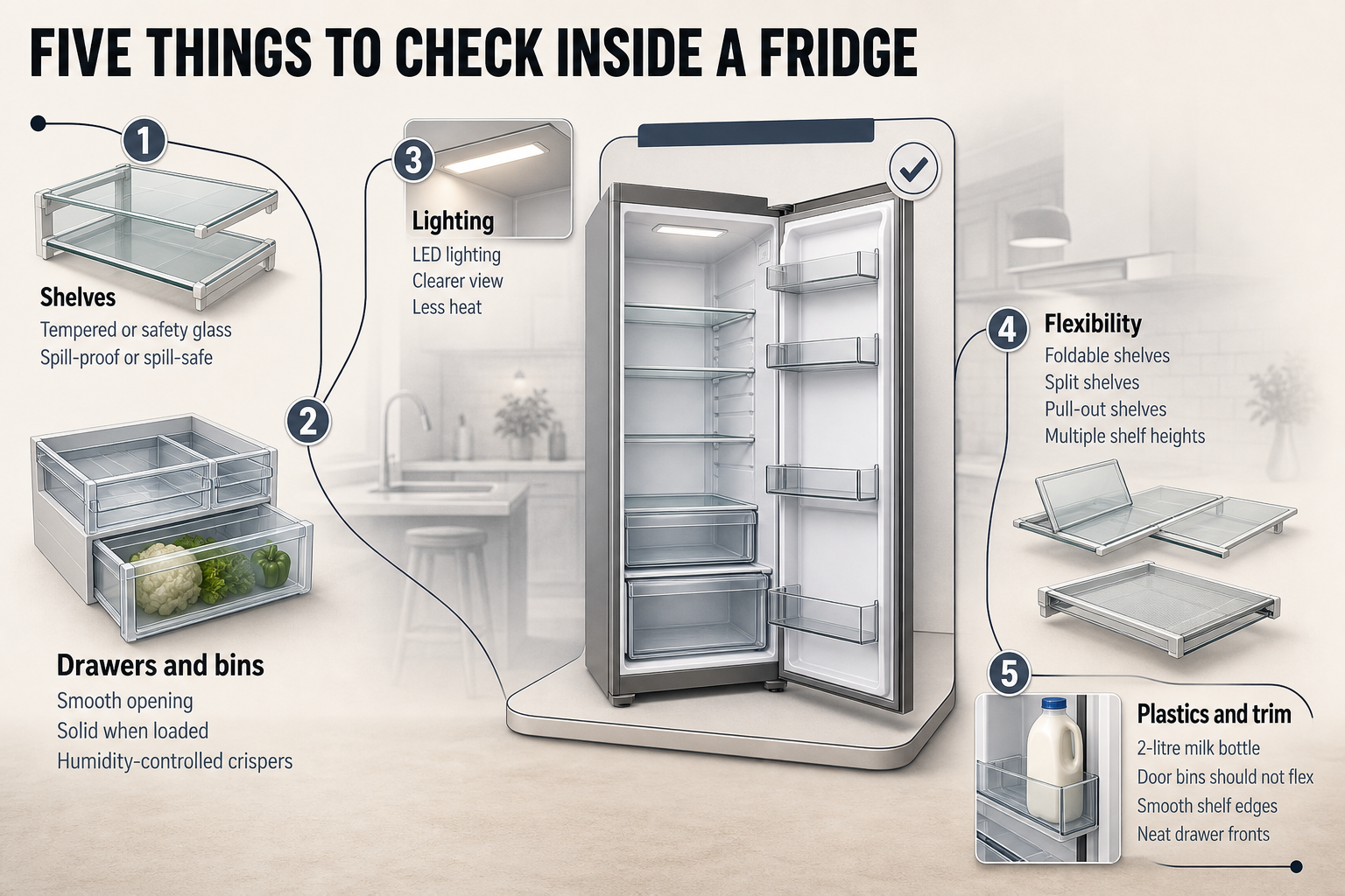 Fridge interior inspection checklist Linear checklist infographic with five numbered fridge interior checks: shelves, drawers, lighting, flexibility, and plastics