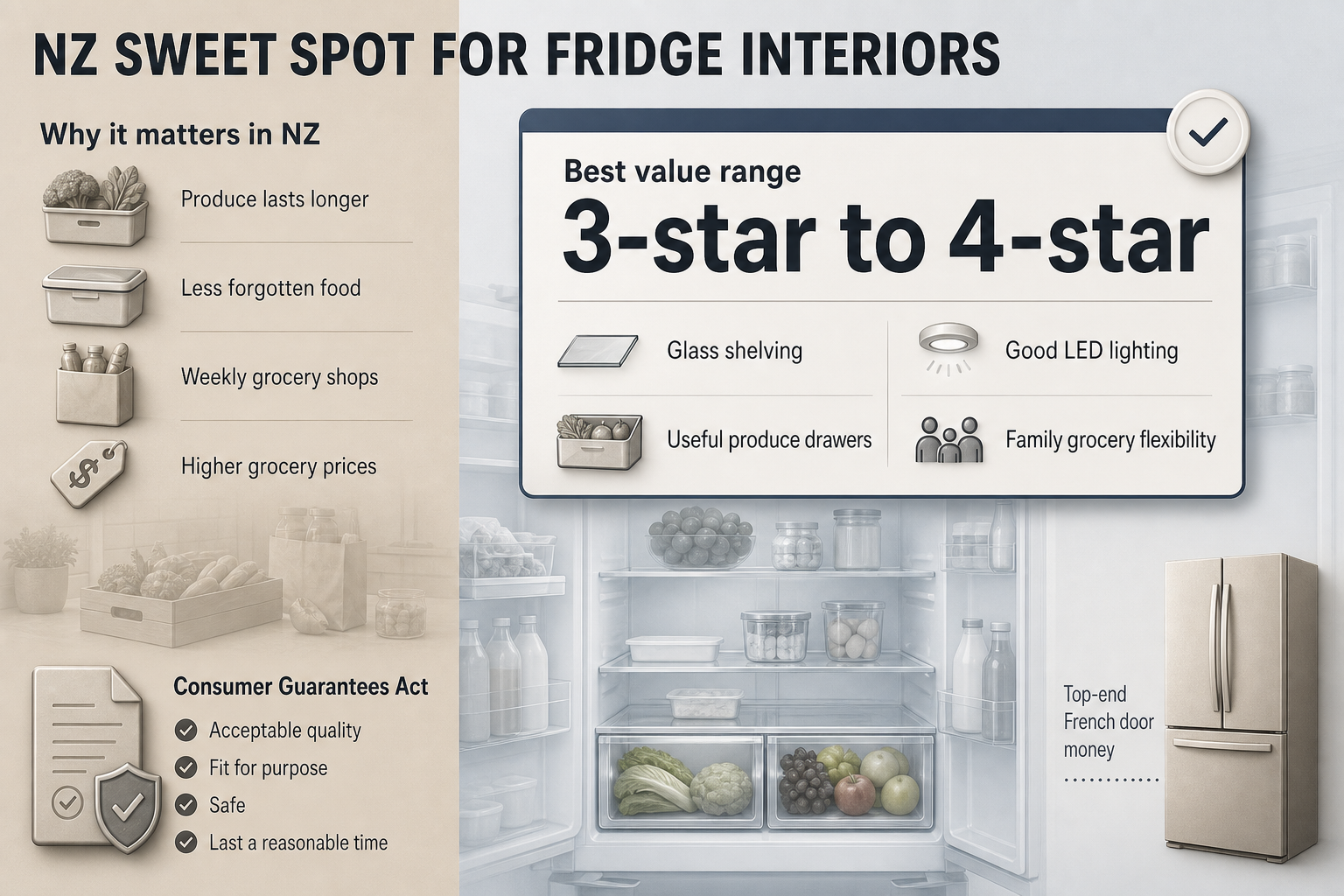 NZ fridge value sweet spot Split-view infographic with NZ household benefits on one side and a 3-star to 4-star value sweet spot panel on the other