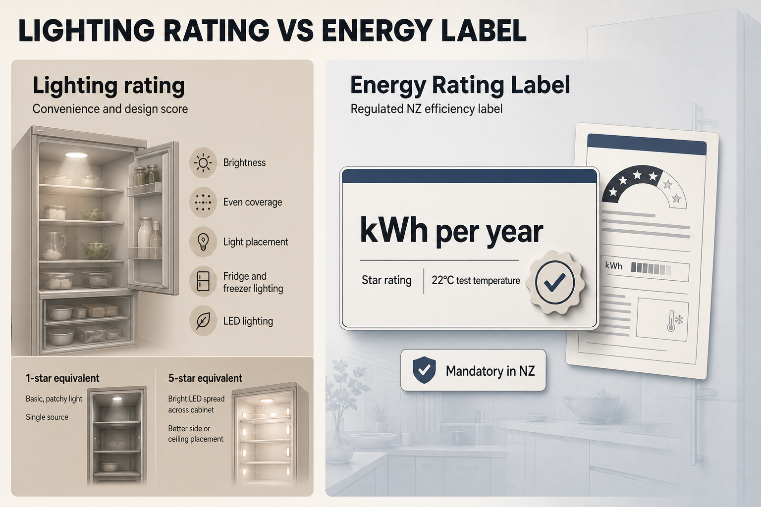 Lighting Rating vs Energy Label Two-column infographic comparing a fridge lighting rating with the NZ Energy Rating Label, with icons, star markers, kWh label and 22°C test note.