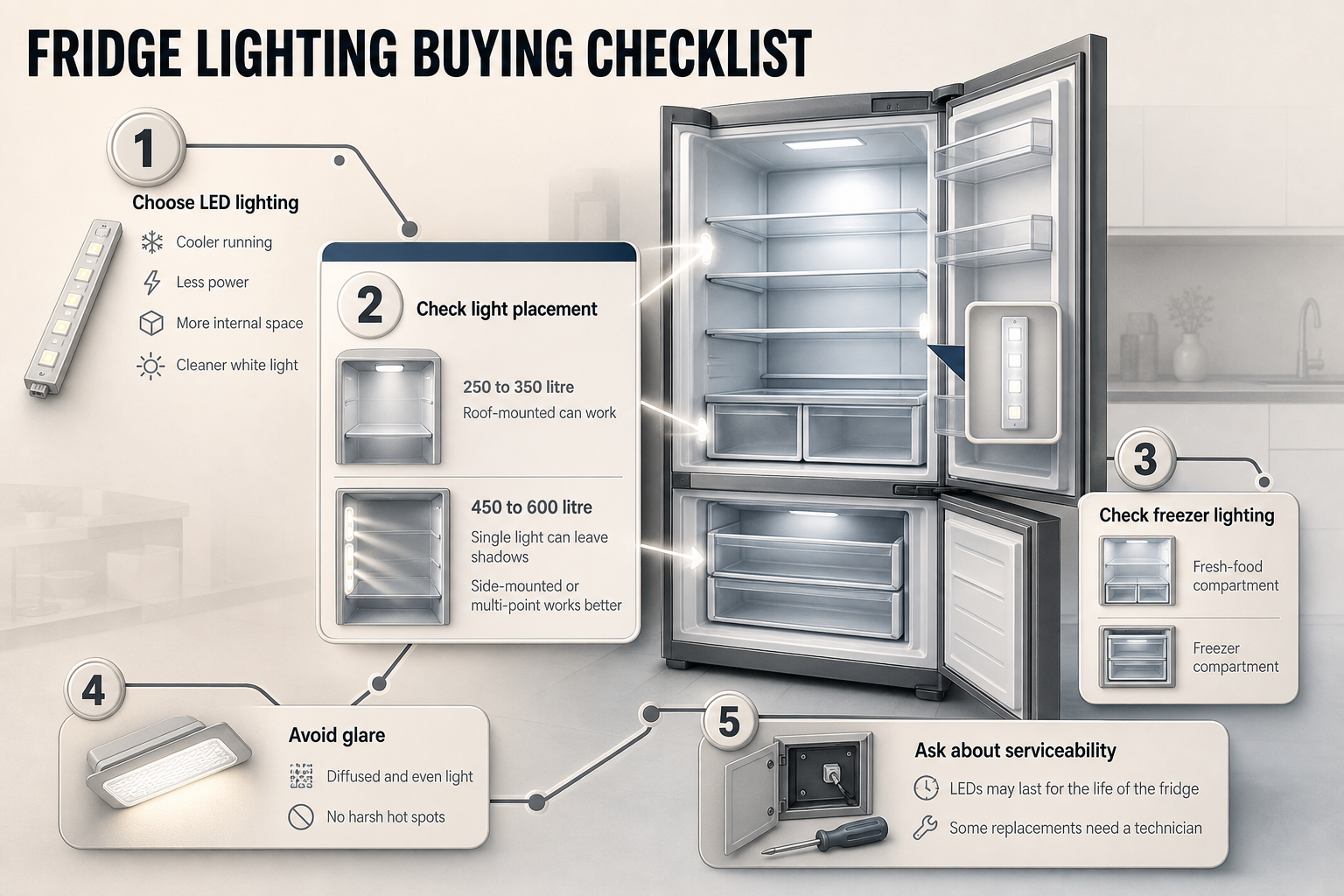 Fridge Lighting Buying Checklist Five-step checklist infographic with icons for LED, light placement, freezer light, glare and servicing, plus litre ranges for small and large fridges.