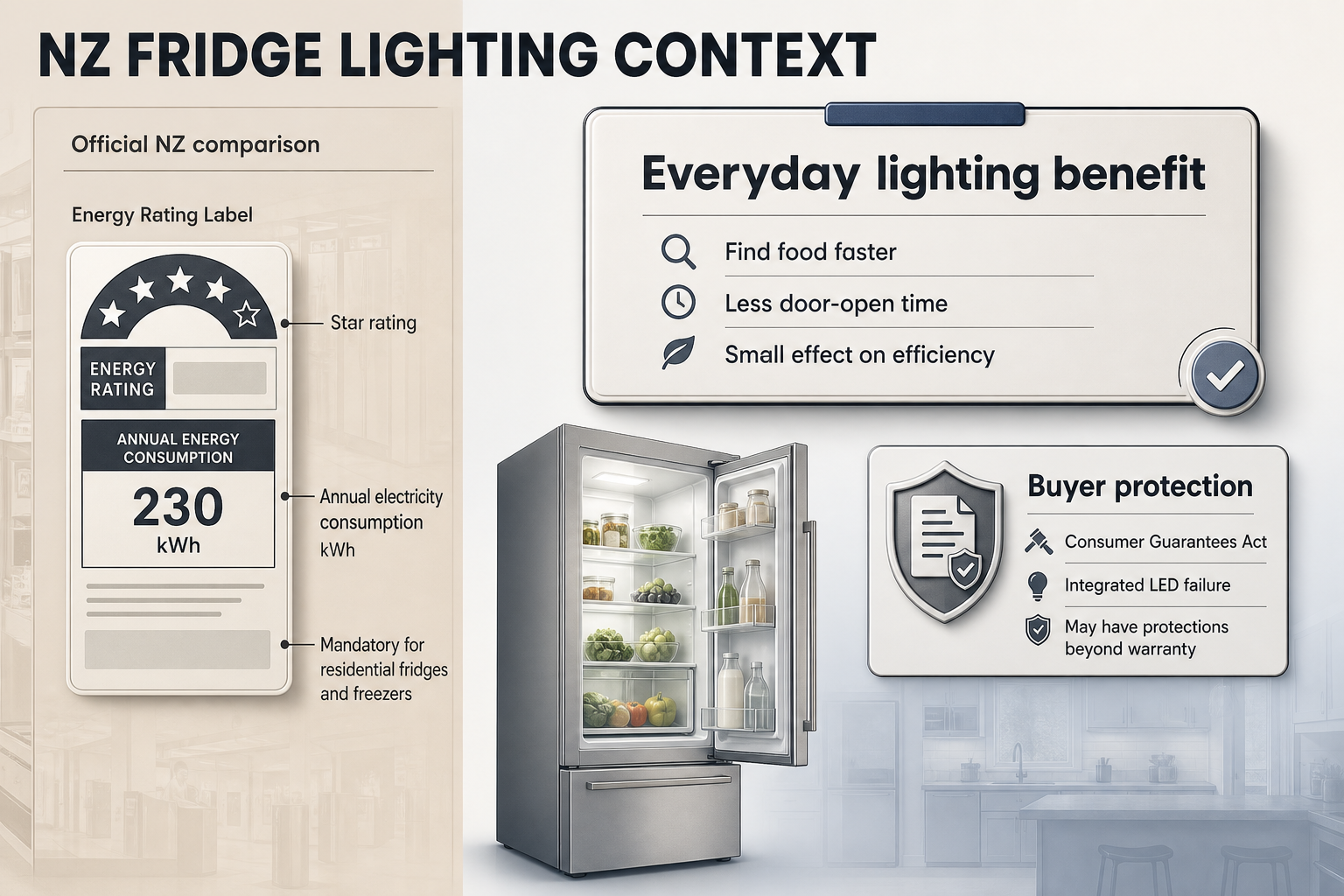 NZ Fridge Lighting Context Split-view infographic showing the NZ Energy Rating Label on one side and practical lighting and warranty notes on the other with icons and short labels.