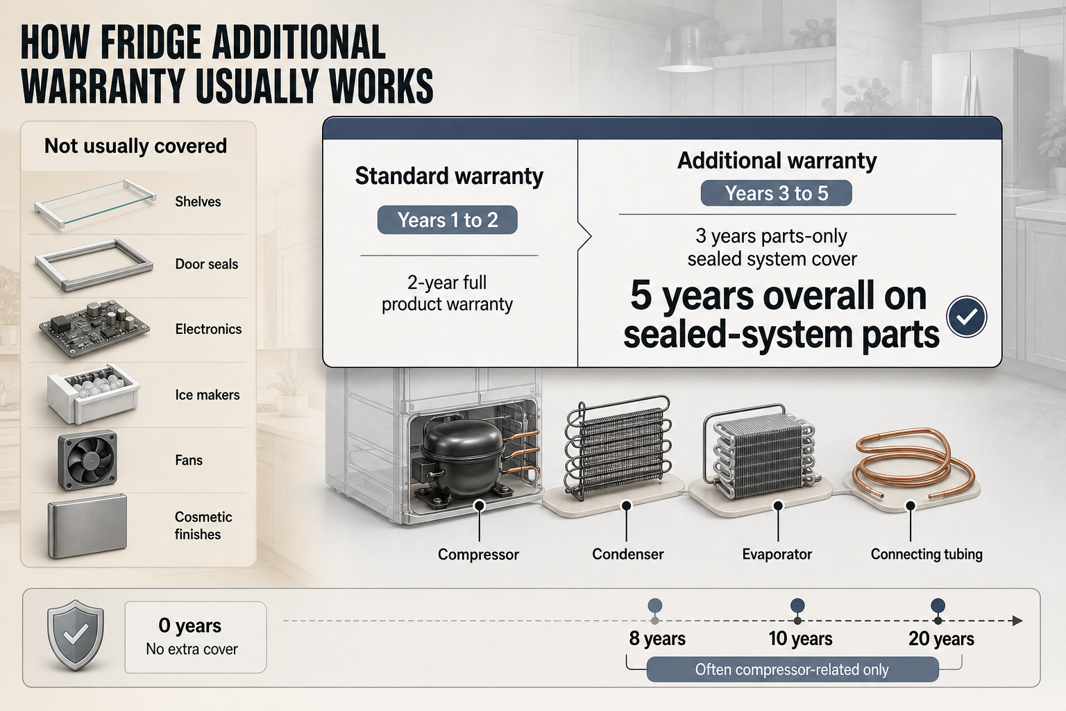 How Additional Fridge Warranty Works Timeline infographic showing years 1 to 2 full warranty, years 3 to 5 sealed-system cover, with covered parts and excluded fridge components.