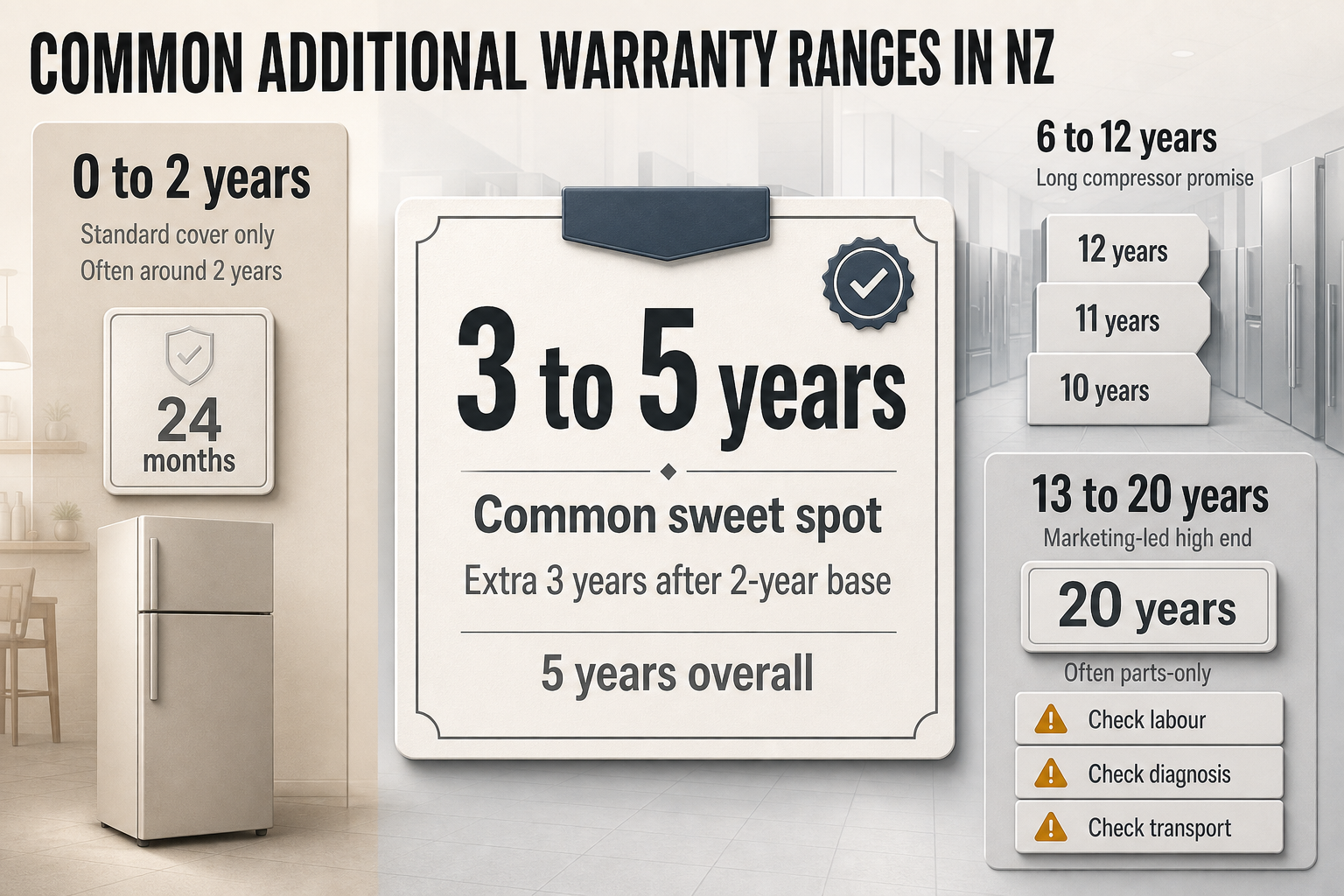 NZ Fridge Warranty Ranges Four-column comparison infographic showing fridge warranty bands from 0 to 2 years up to 13 to 20 years, with notes on common cover limits.