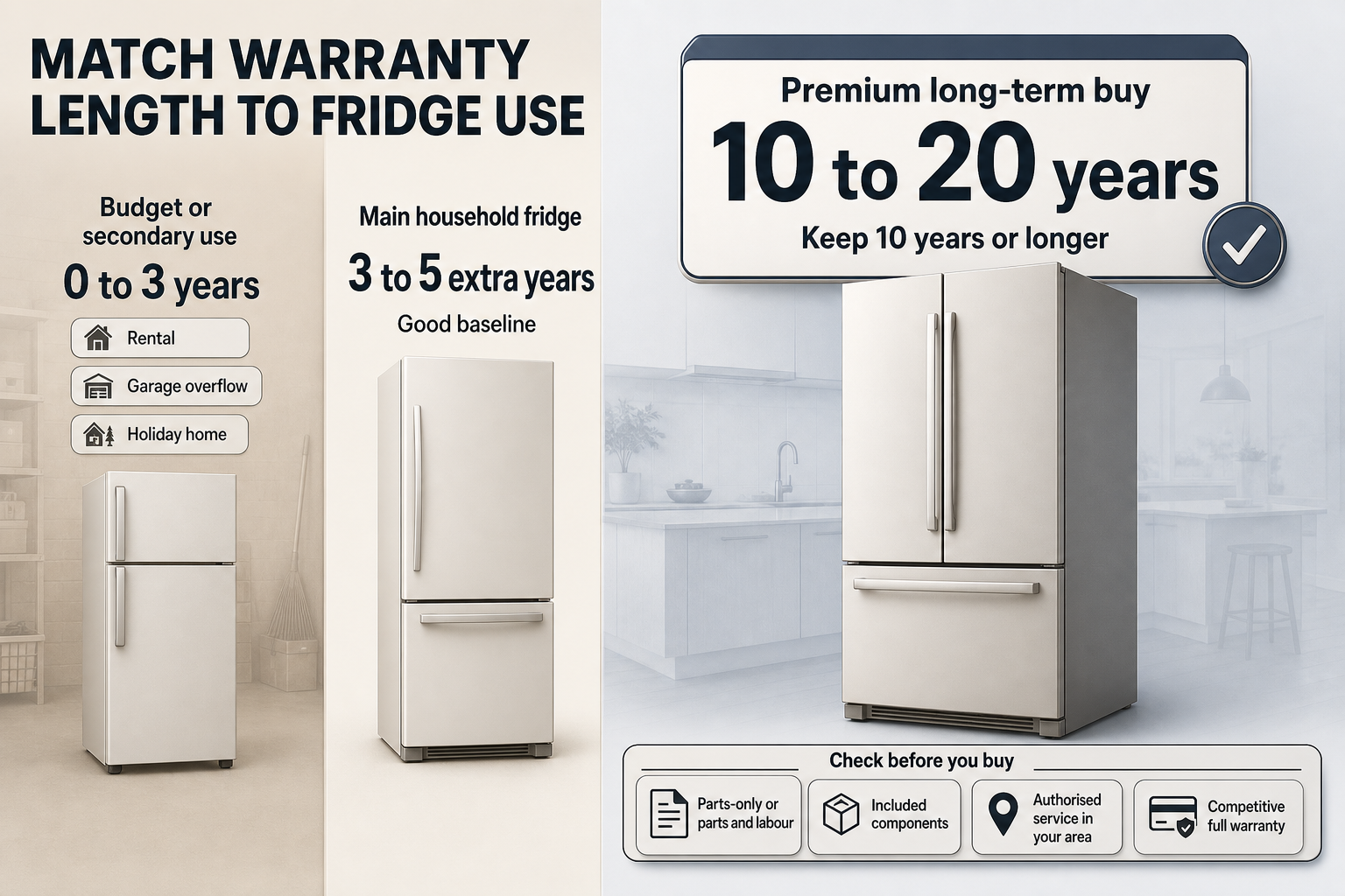 Choose Warranty By Use Case Split-view infographic with three fridge use cases and matching warranty ranges, plus a four-point checklist for premium long-term purchases.