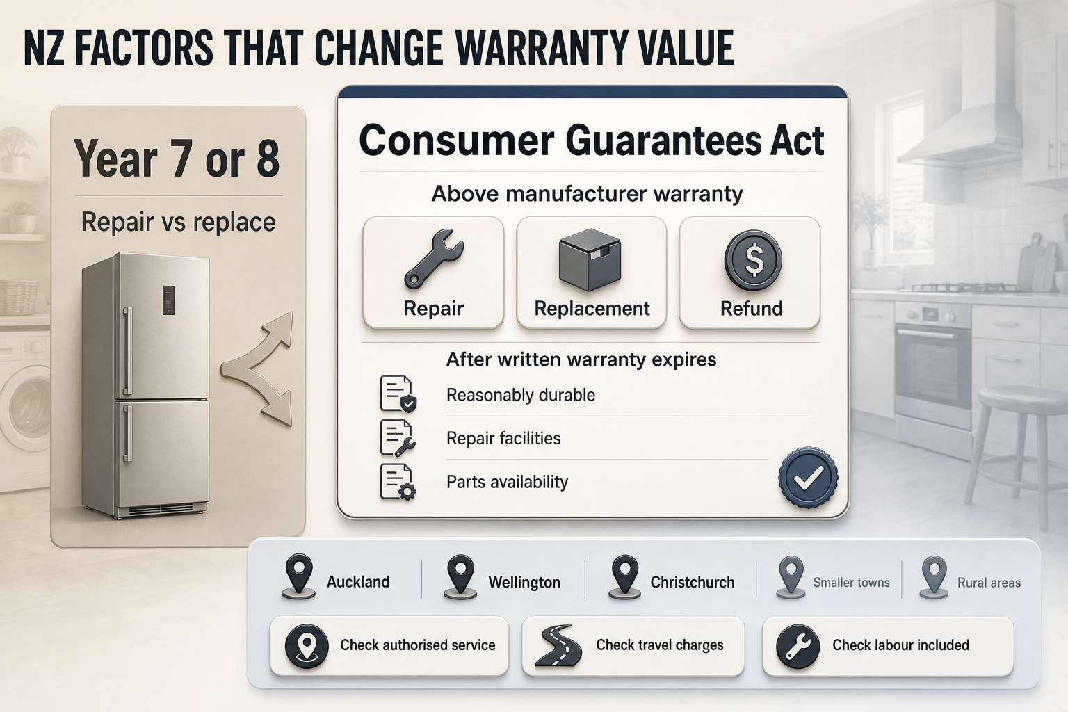 NZ Warranty Factors To Check Card-style infographic showing Consumer Guarantees Act protections, repair versus replace notes, and service access differences across NZ regions.