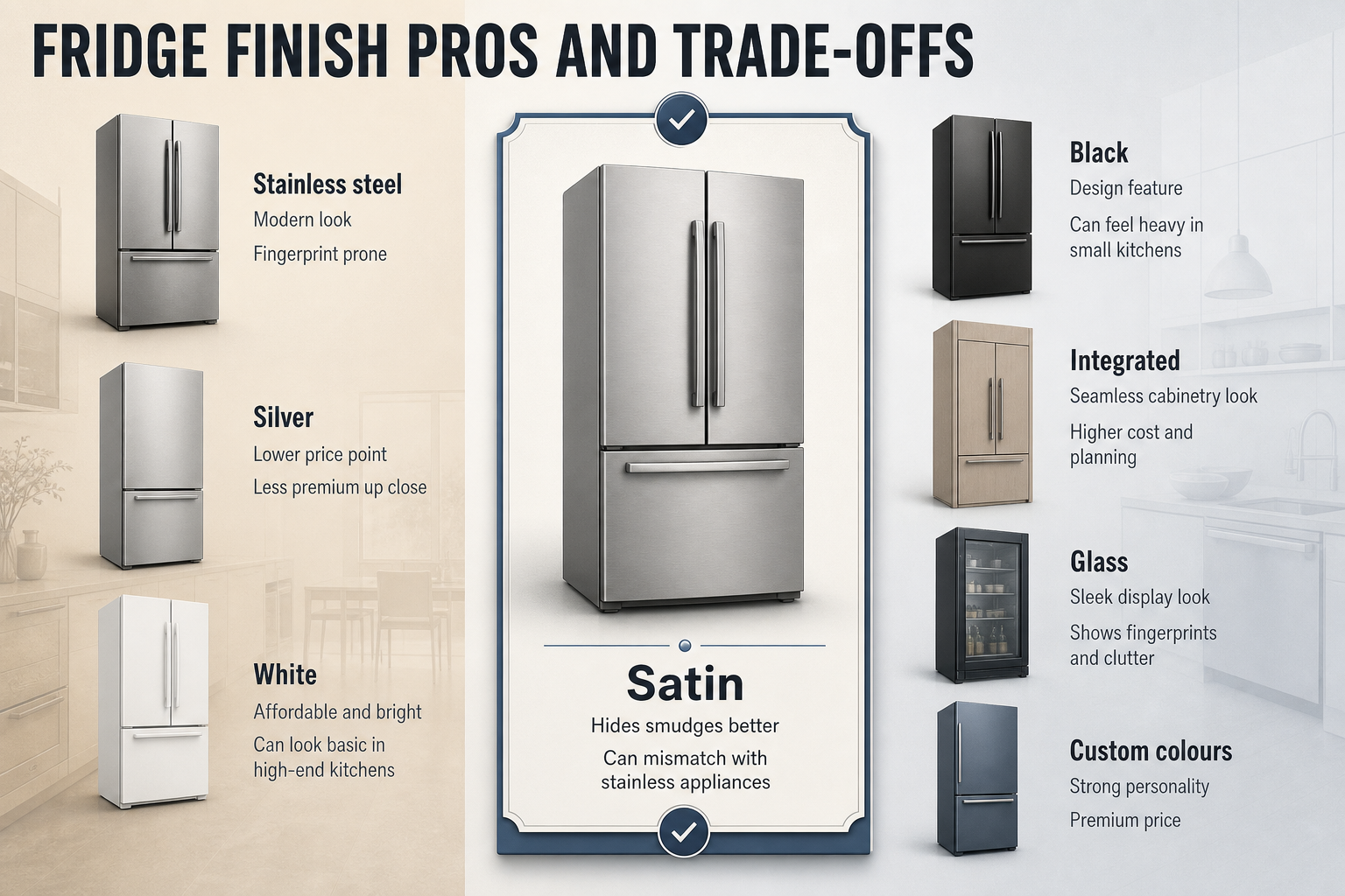 Fridge finish pros and trade-offs Comparison infographic with eight fridge finishes in columns, each showing a short pro and trade-off label with simple fridge icons
