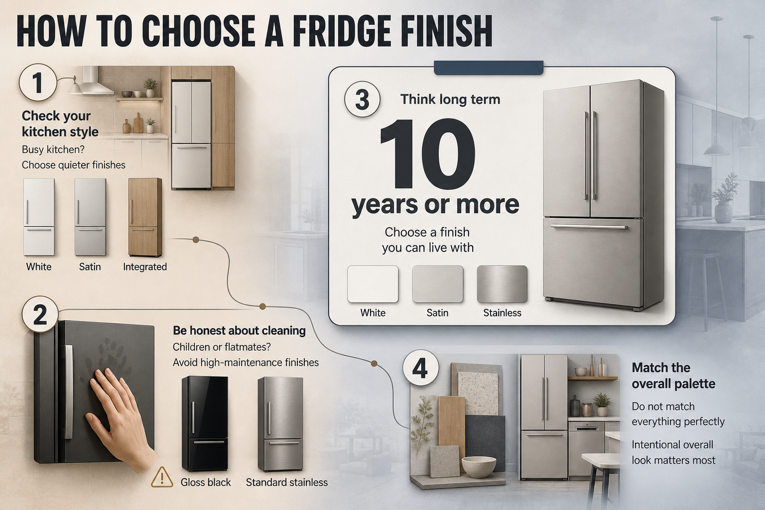 How to choose a fridge finish Four-step flowchart with numbered panels for kitchen style, cleaning, long-term use, and overall palette, linked by arrows