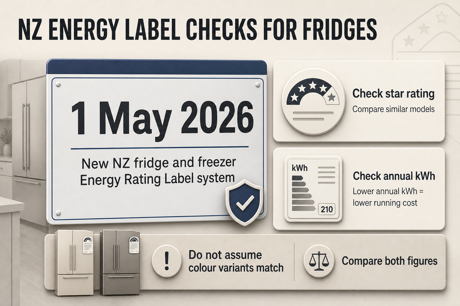 NZ energy label checks for fridges Badge-style infographic showing a date callout, a star rating icon, an annual kWh badge, and a note about colour variants