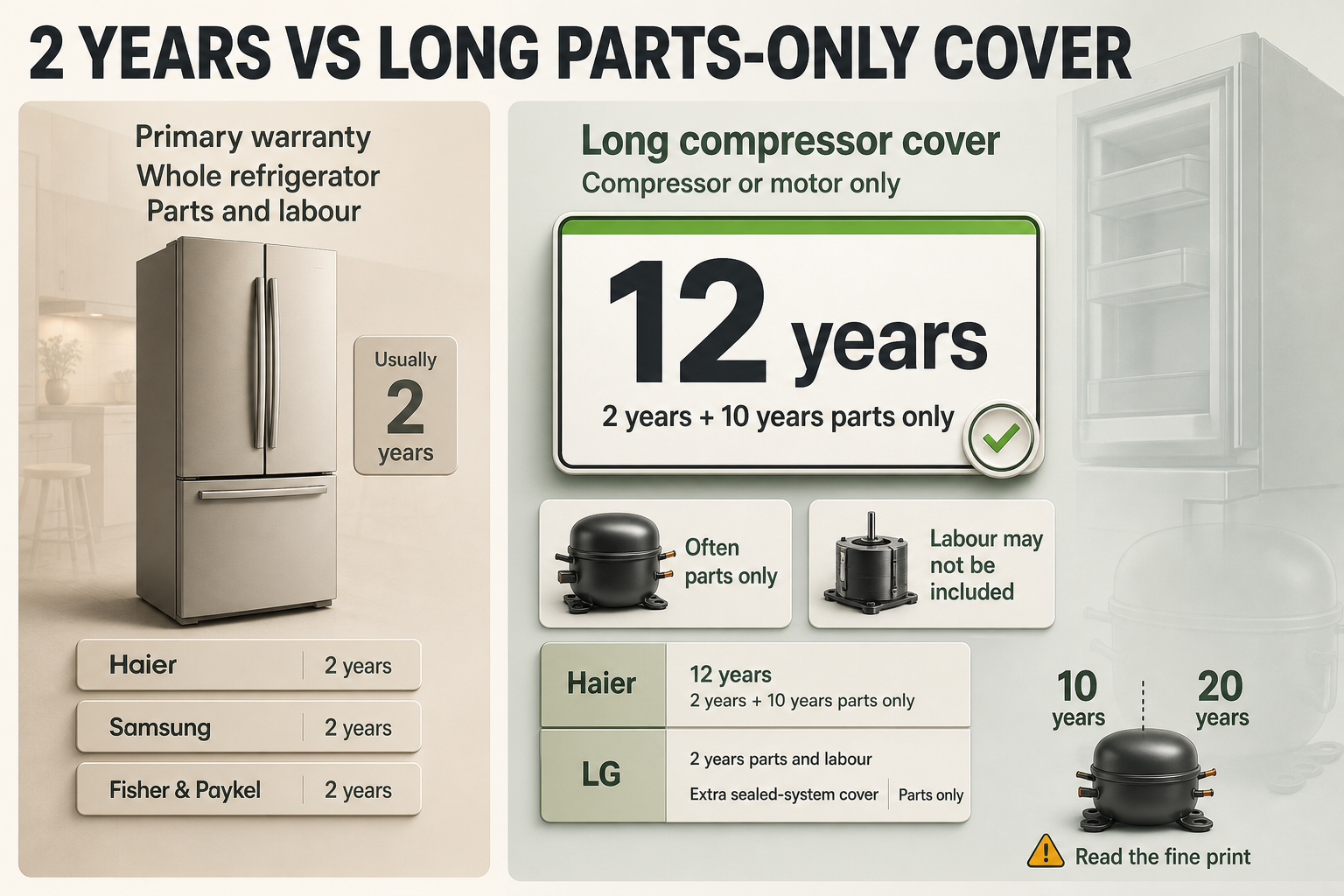 Primary vs compressor warranty Split-view infographic with a full-fridge warranty panel on the left and compressor-only warranty panel on the right, using year badges and brand labels.