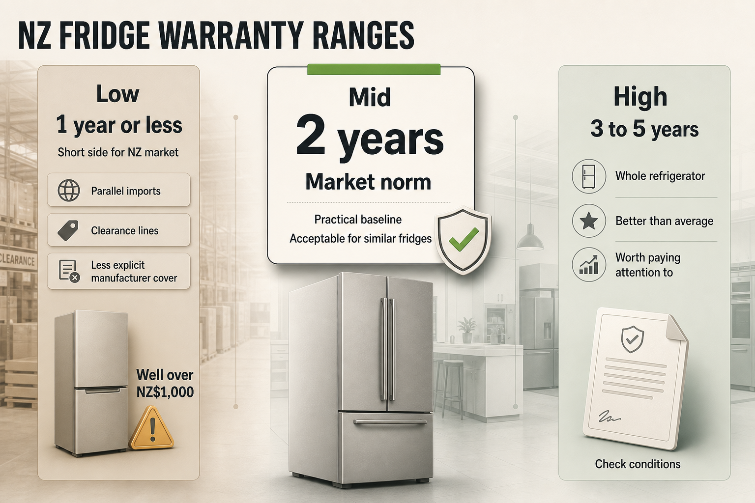 NZ warranty range guide Three-column comparison infographic showing low, mid, and high refrigerator warranty ranges with year badges and short notes under each column.