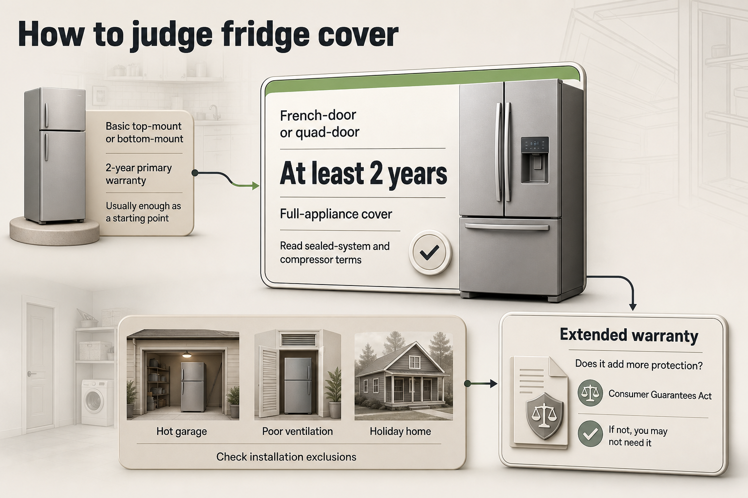 Fridge warranty decision flow Linear flow infographic with four decision steps for fridge buyers, using appliance type, location, and warranty choice boxes connected by arrows.