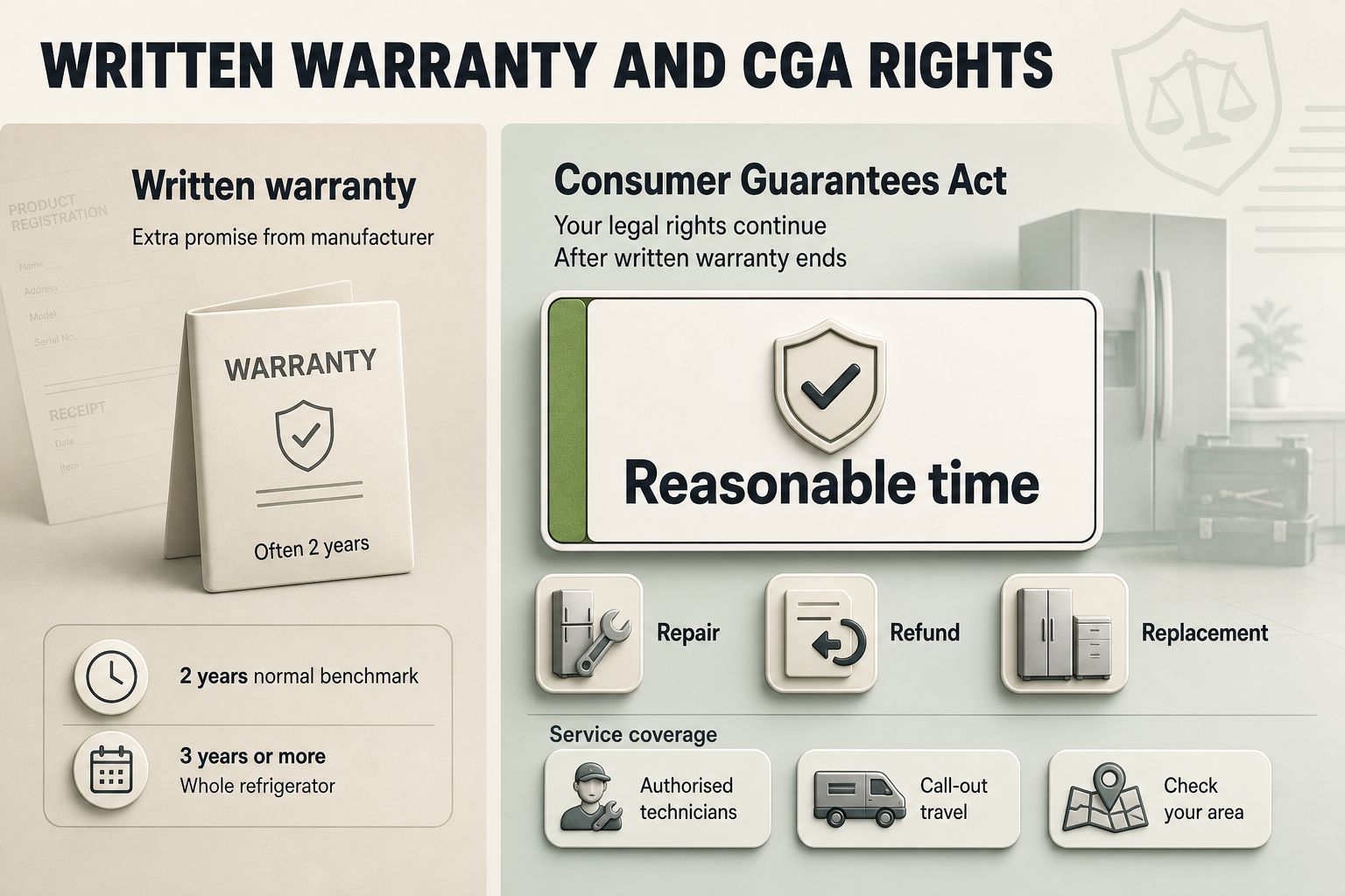 Warranty vs CGA rights Split-view infographic showing a written warranty card on one side and a CGA rights panel on the other, with service coverage callouts below.